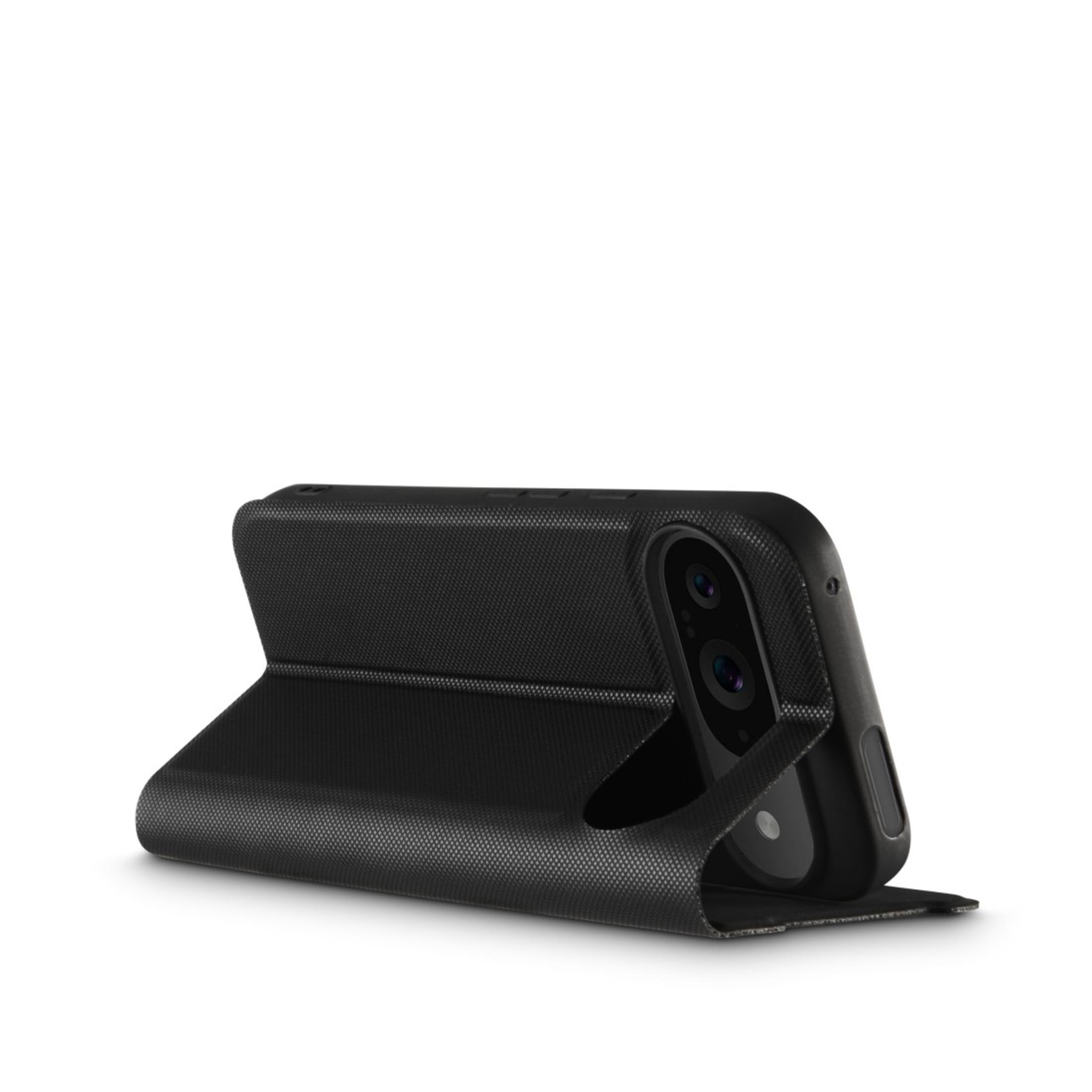 Custodia nera per telefono con supporto pieghevole, che mostra gli obiettivi della fotocamera del telefono.
