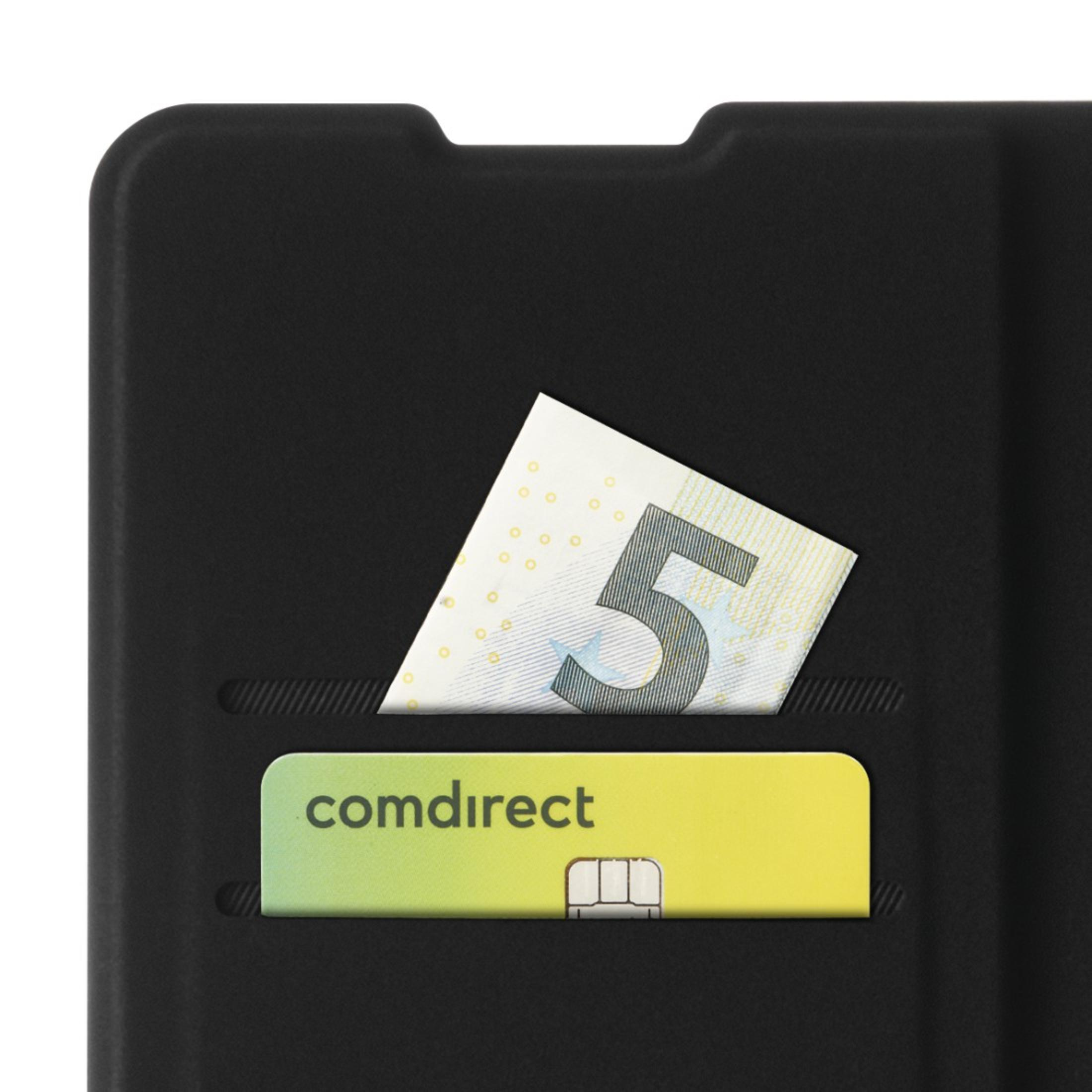 Custodia nera per telefono con carta e banconota. La carta ha il logo comdirect e la banconota è da 5 euro.