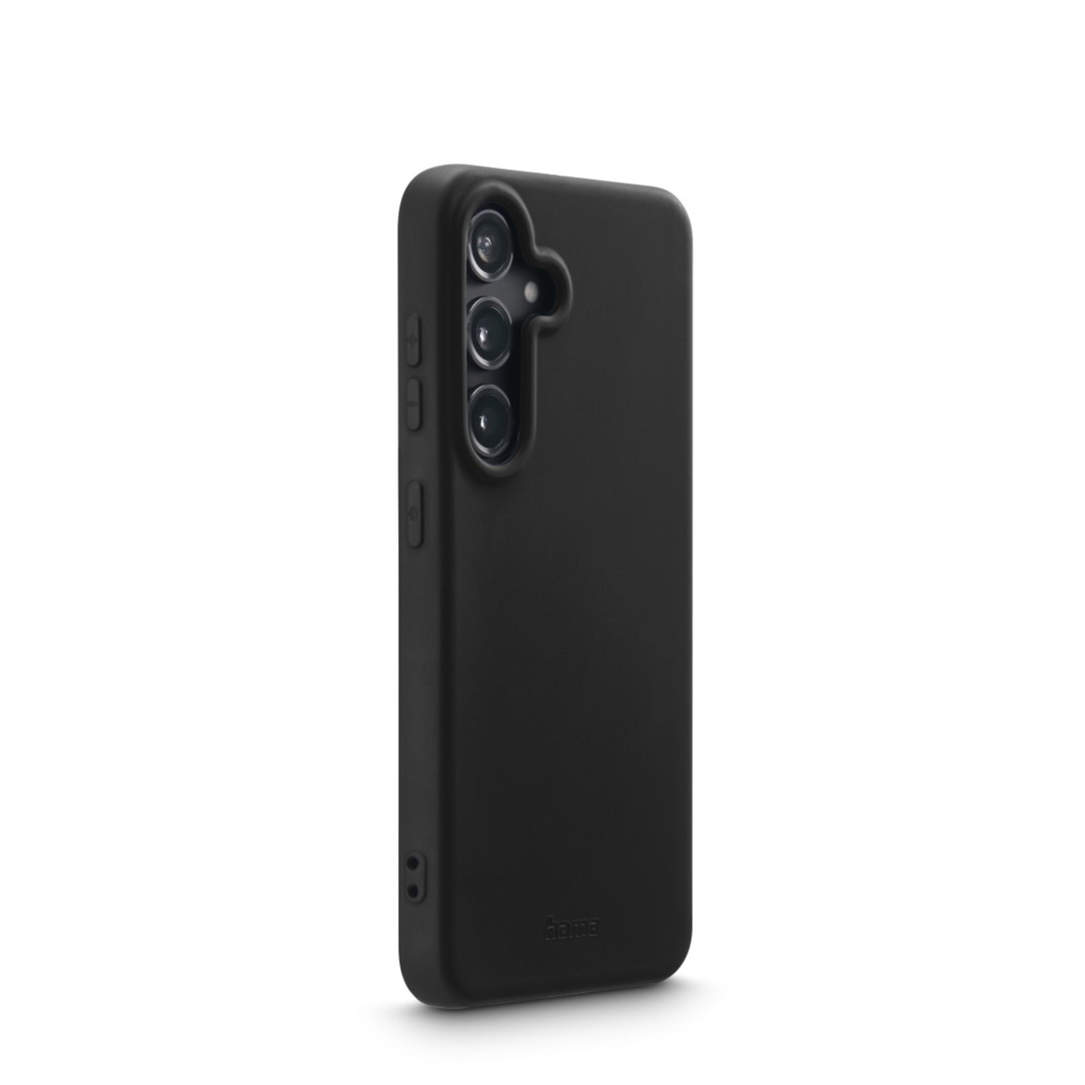 Coque de téléphone noire avec trois lentilles de caméra. Boutons latéraux visibles.