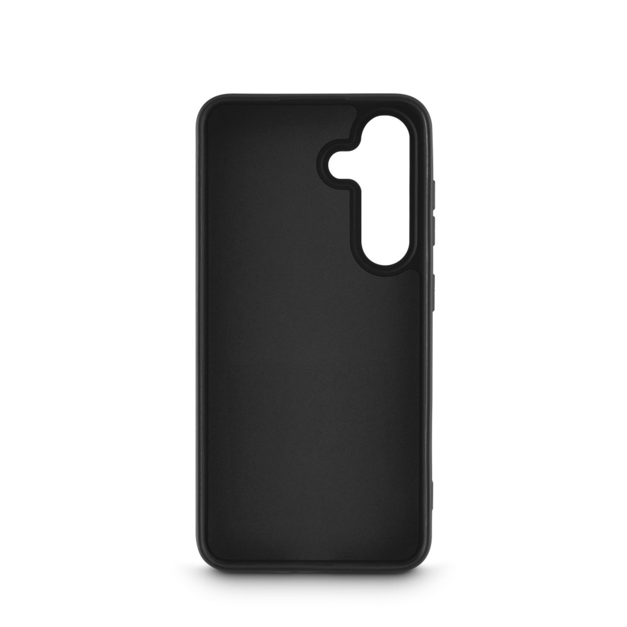 Coque de téléphone noire. Le côté de la coque a un trou pour l'appareil photo.