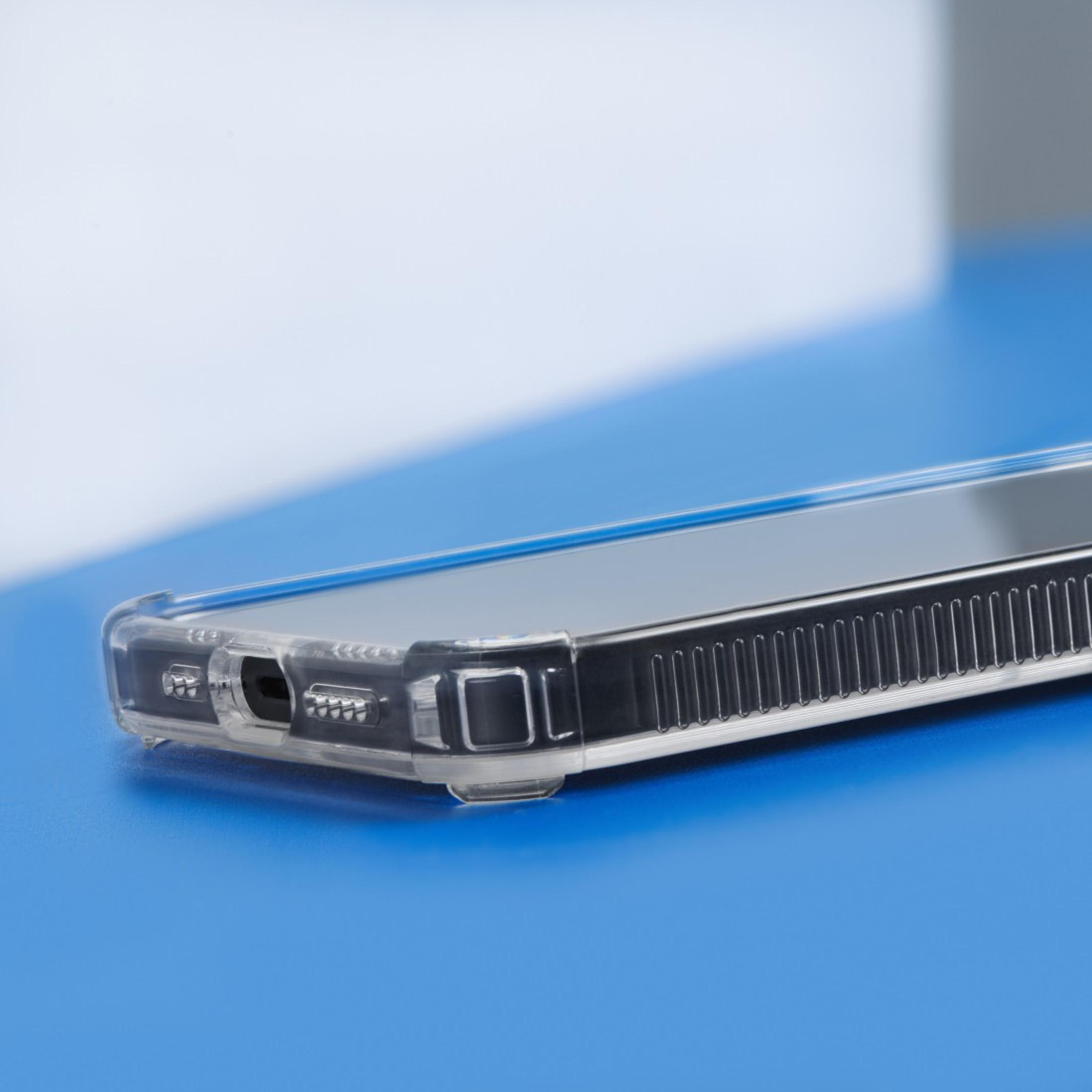 Podstawa etui na telefon na niebieskiej powierzchni z białym i szarym tłem.