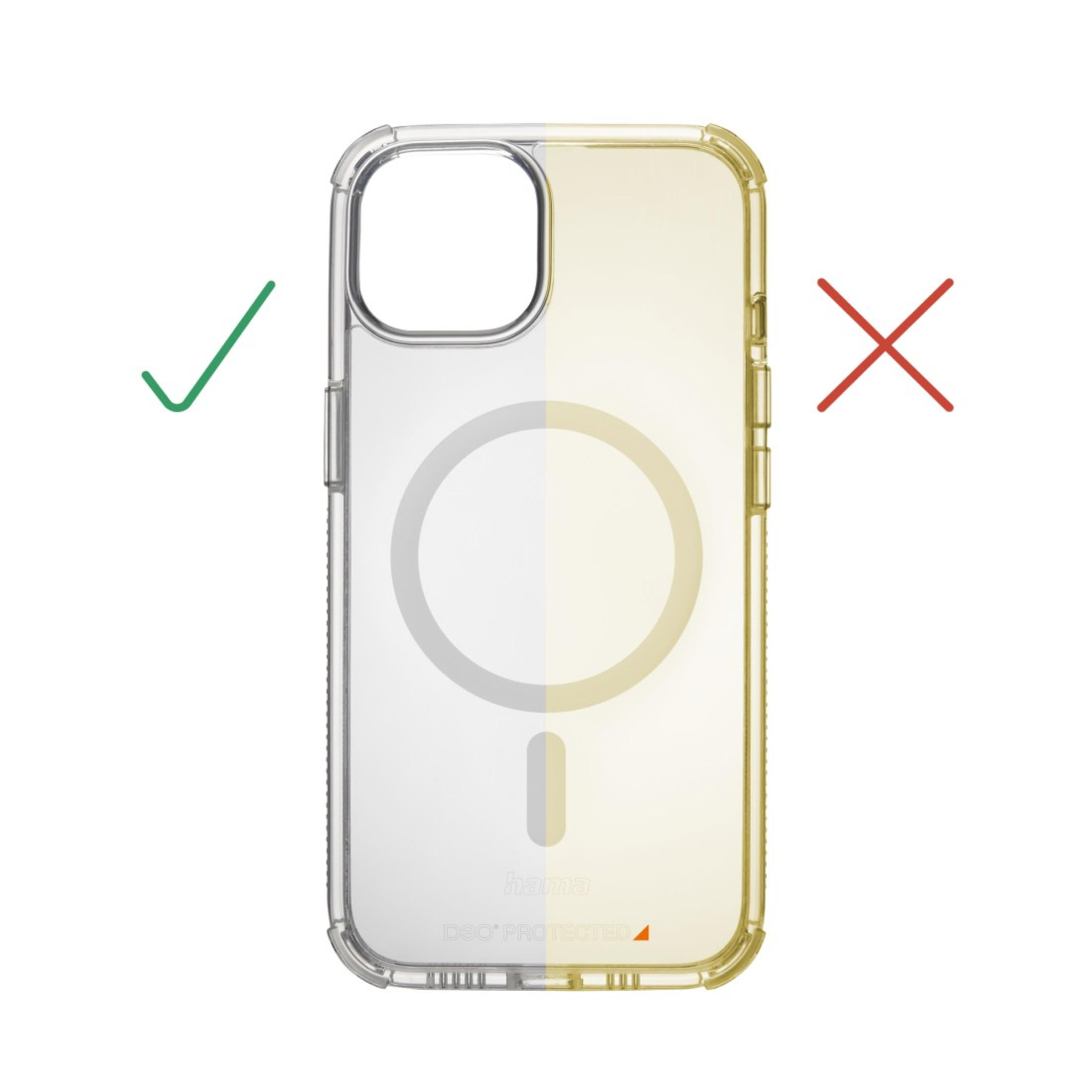 Przezroczyste etui na telefon z zielonym znakiem wyboru i czerwonym znakiem X, wskazującym na akceptację i dezaprobatę.