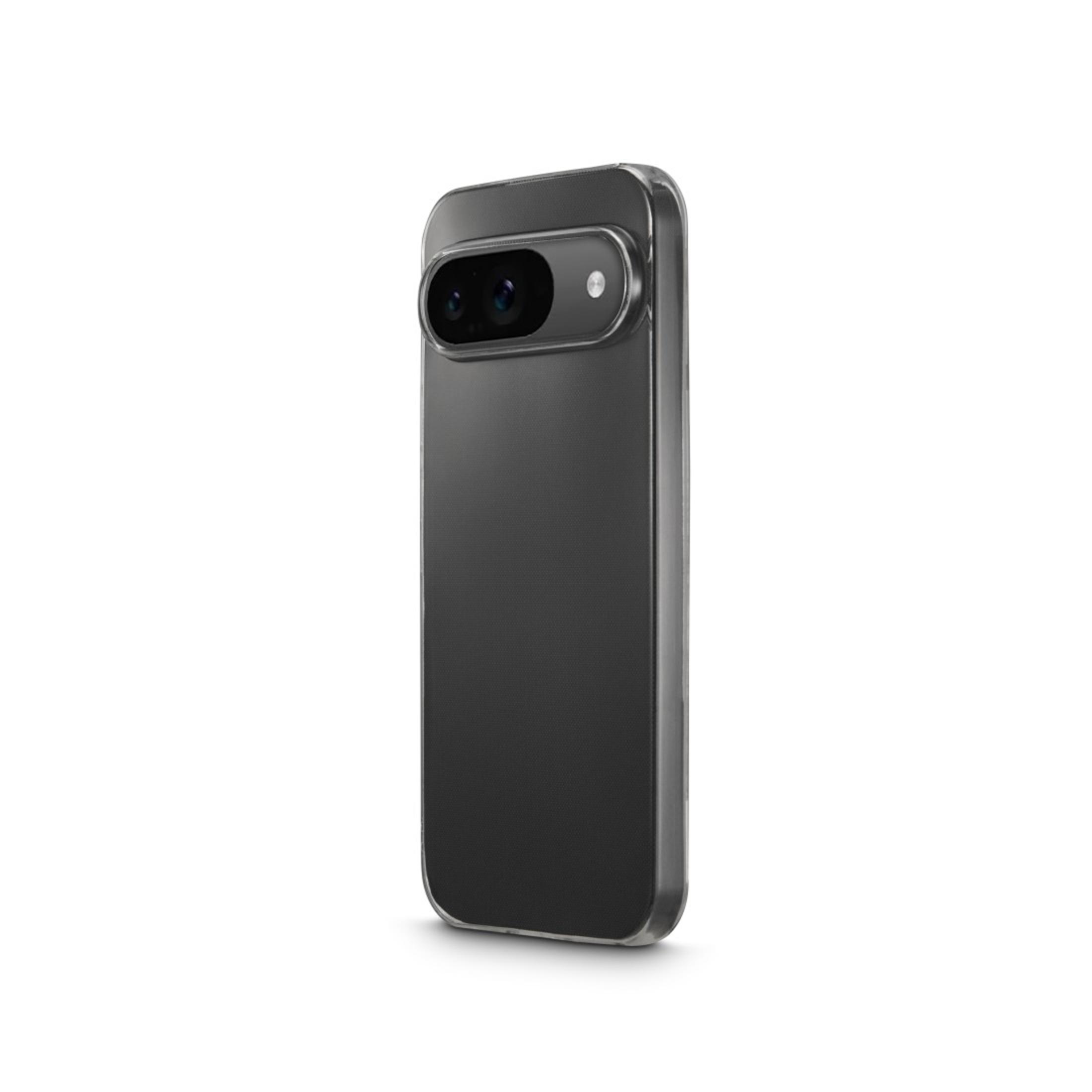 Téléphone noir dans une coque transparente, dos montrant les caméras.