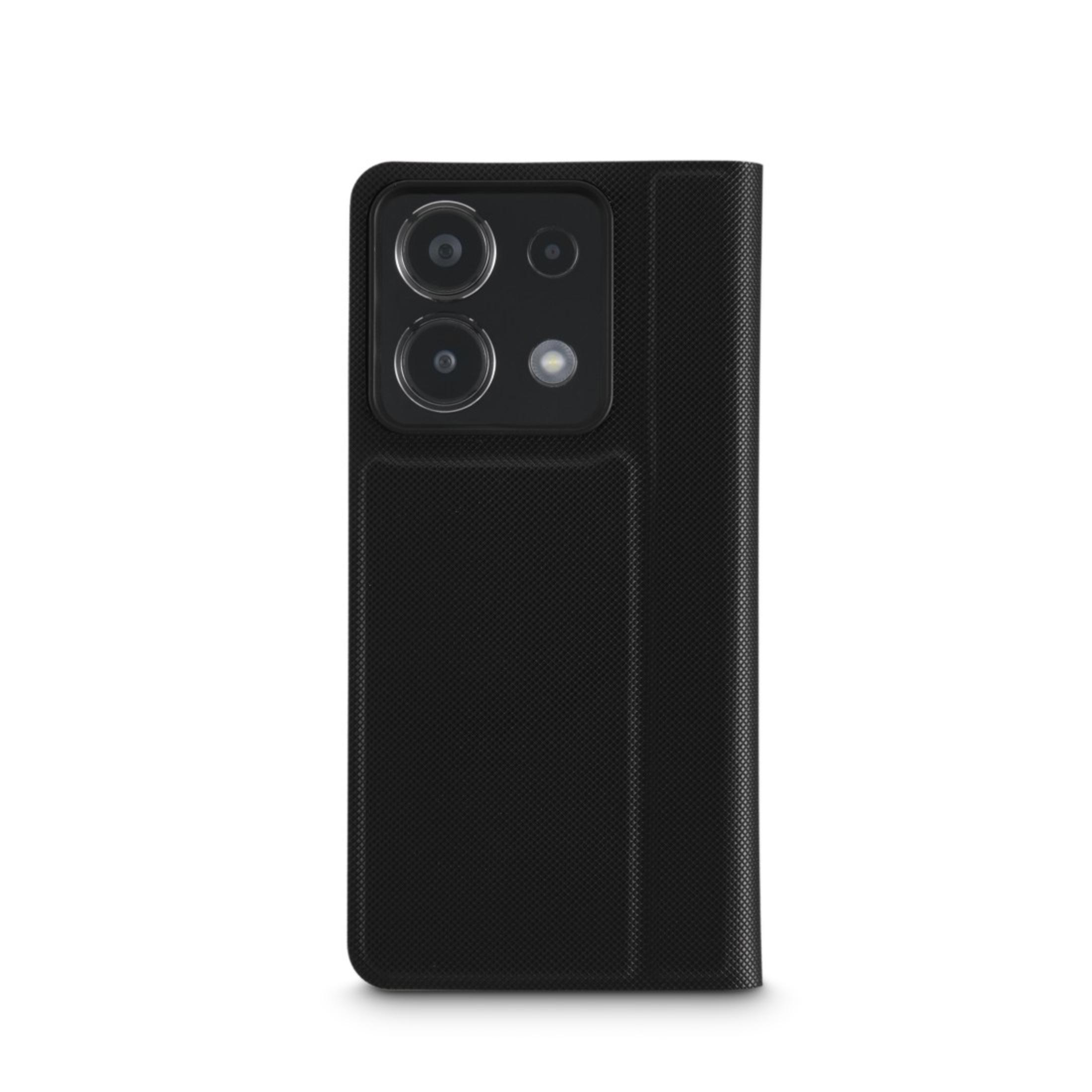 Custodia per telefono nera con design piegato. Sono visibili più fotocamere. Sfondo bianco.