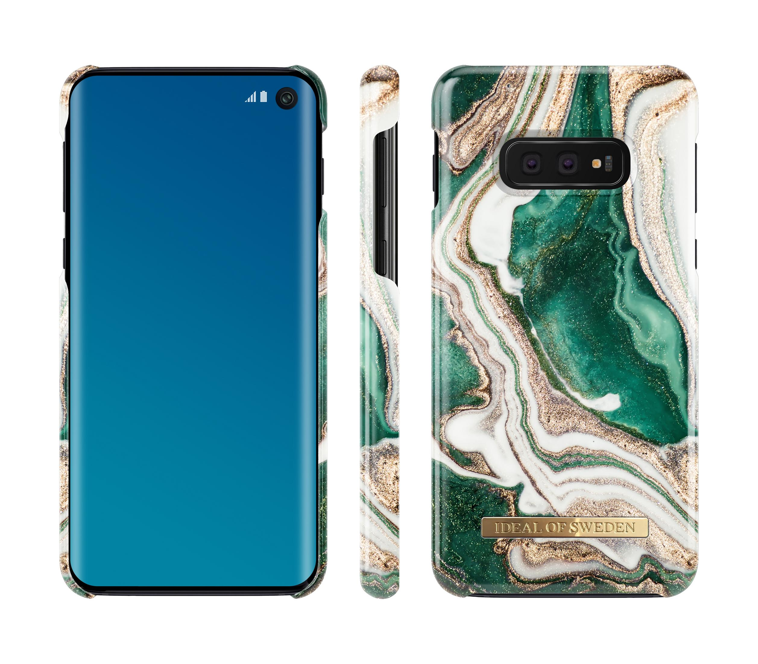 Telefono con custodia in marmo verde. Visualizza una sfumatura blu. Tre angolazioni.