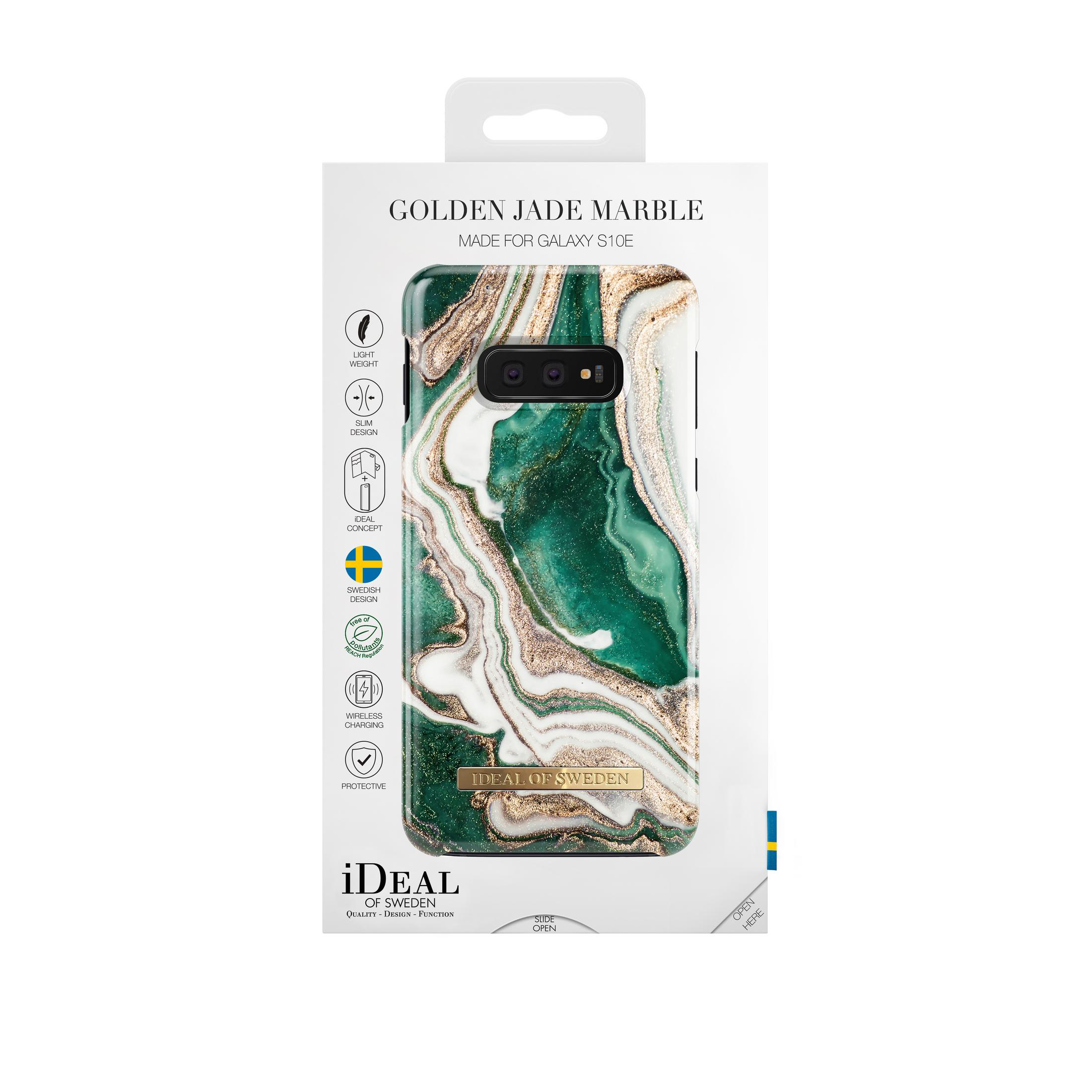 Scatola per custodia per telefono con design in marmo giada dorata. Ha una custodia per telefono con un telefono sopra. La custodia dice 'iDeal of Sweden'.