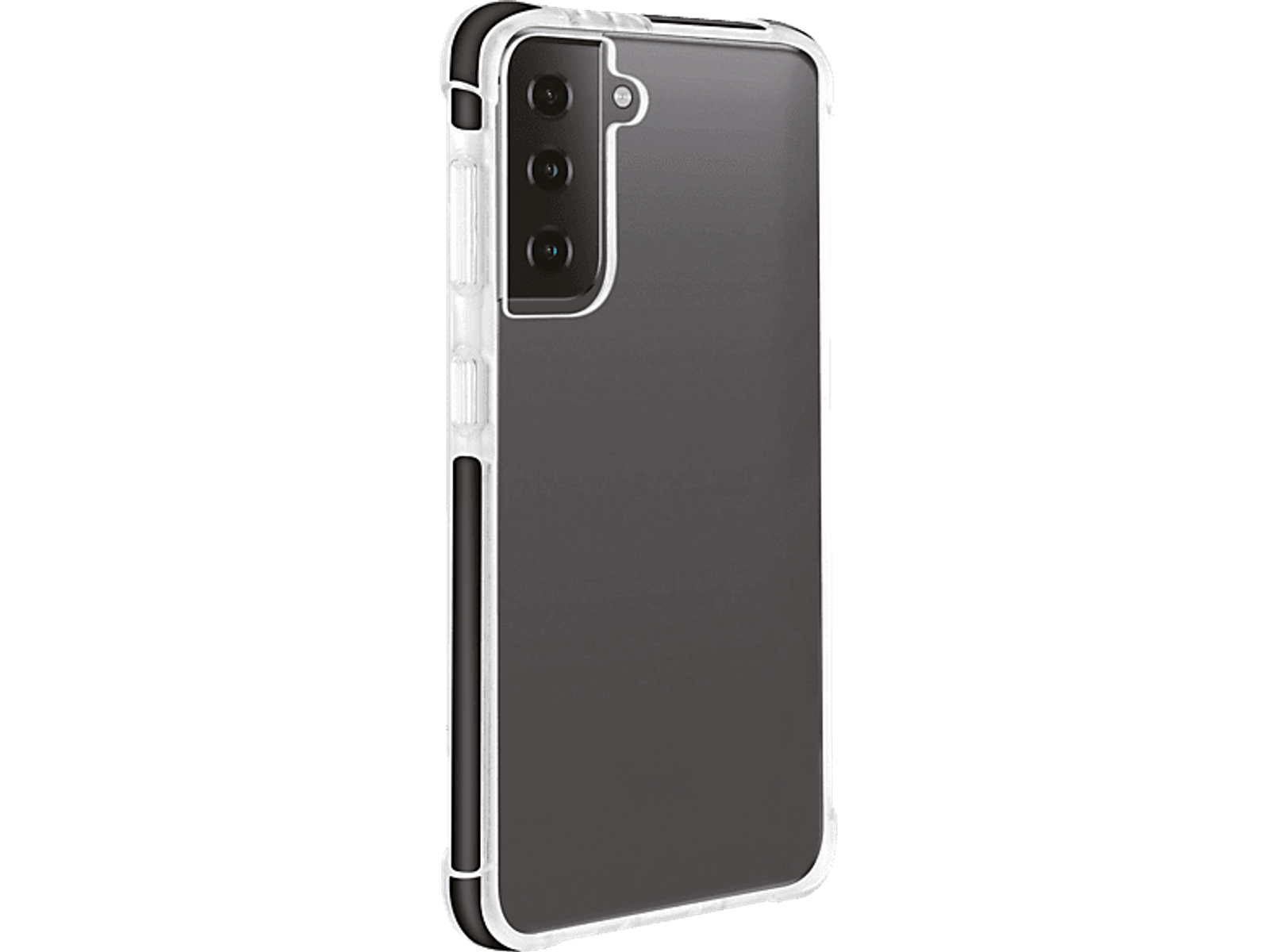Un telefono in una custodia trasparente, che mostra la parte posteriore del telefono con la fotocamera e il bordo della custodia.