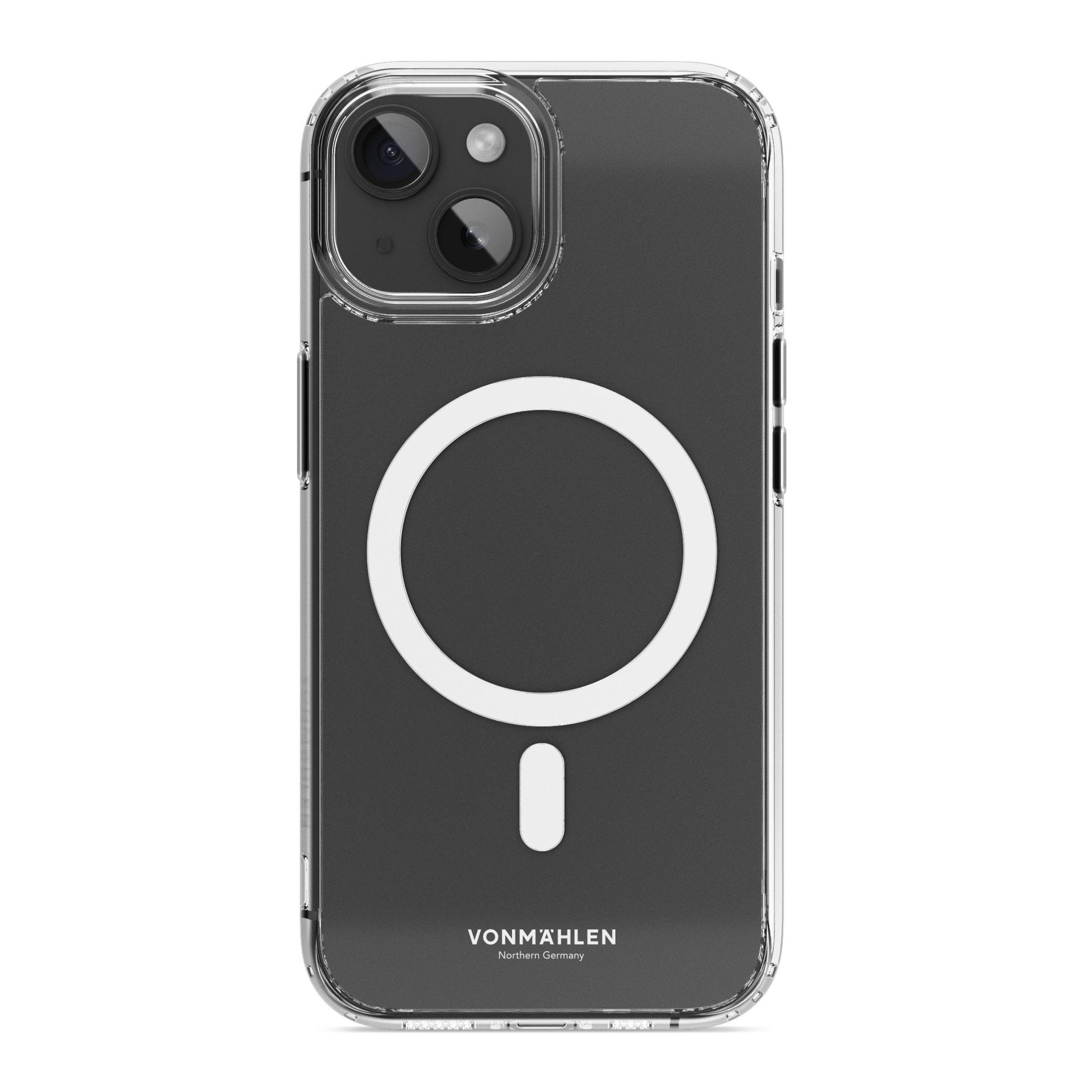 Transparente Handyhülle auf einem Telefon. Weißer Kreis mit Minuszeichen.