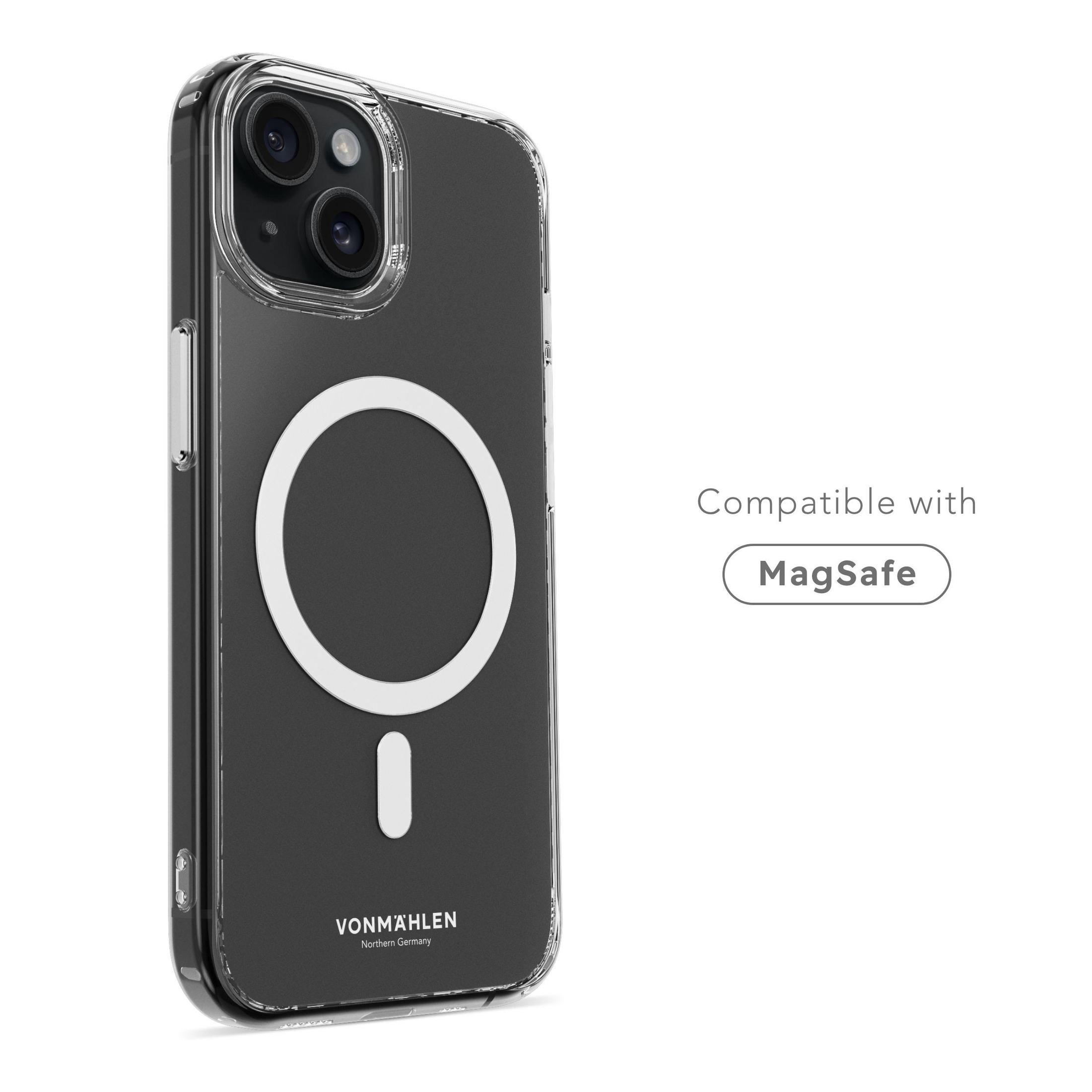 Eine transparente Handyhülle mit einem MagSafe-Ring und dem Text "Compatible with MagSafe".