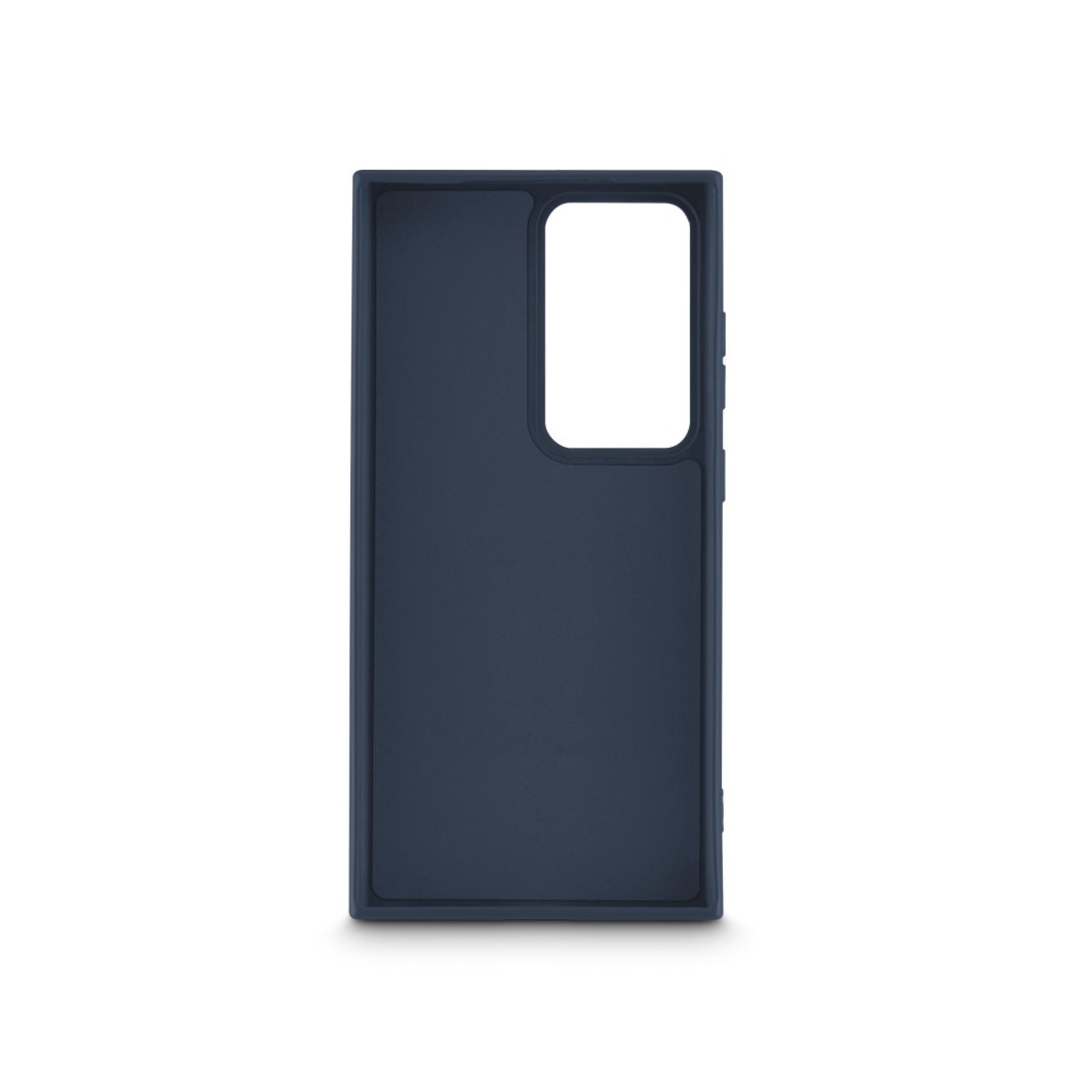 Coque de téléphone bleu foncé. Elle a une découpe pour la caméra et des zones de boutons. Fond blanc.