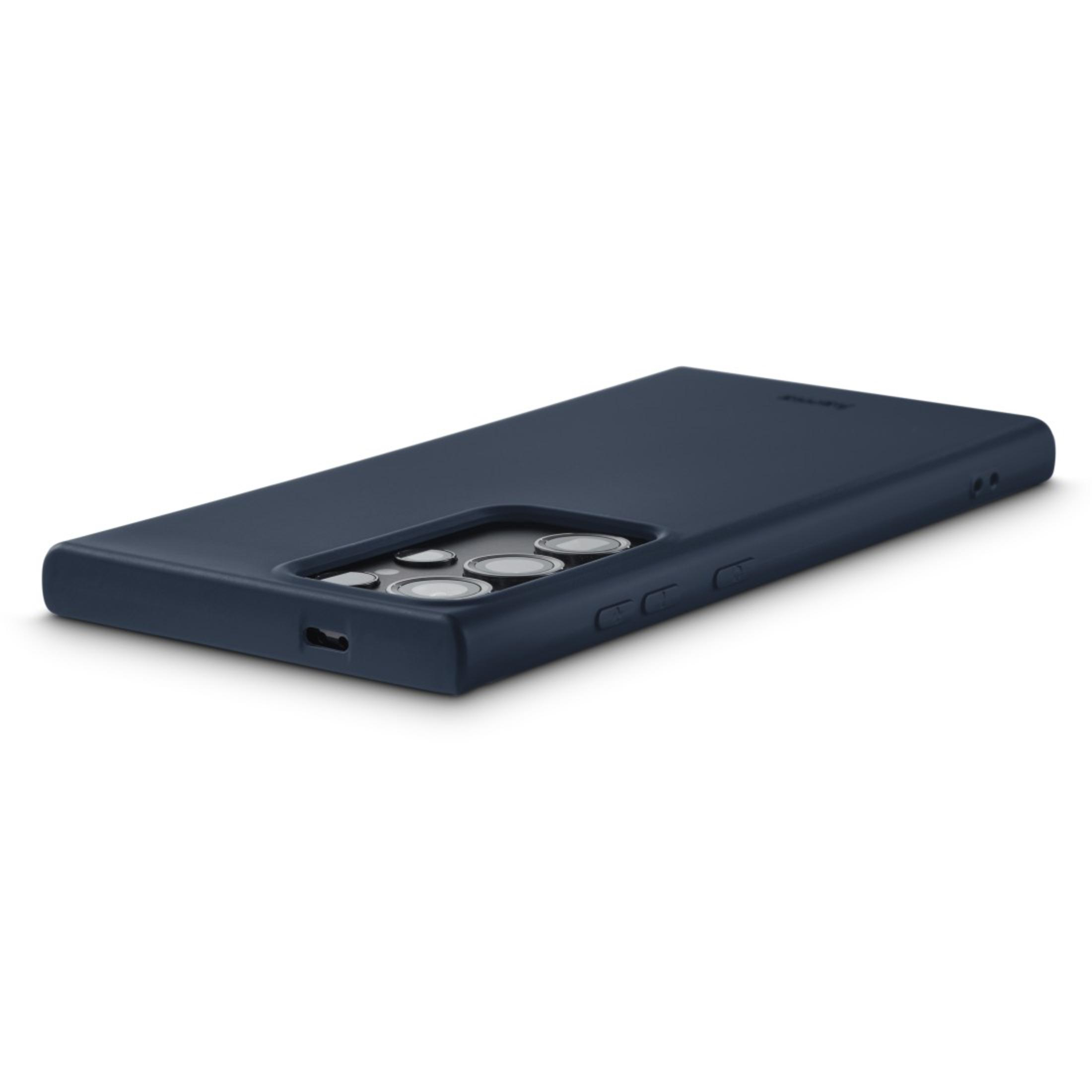 Une coque de téléphone bleu foncé est posée à plat, avec les lentilles de la caméra visibles.