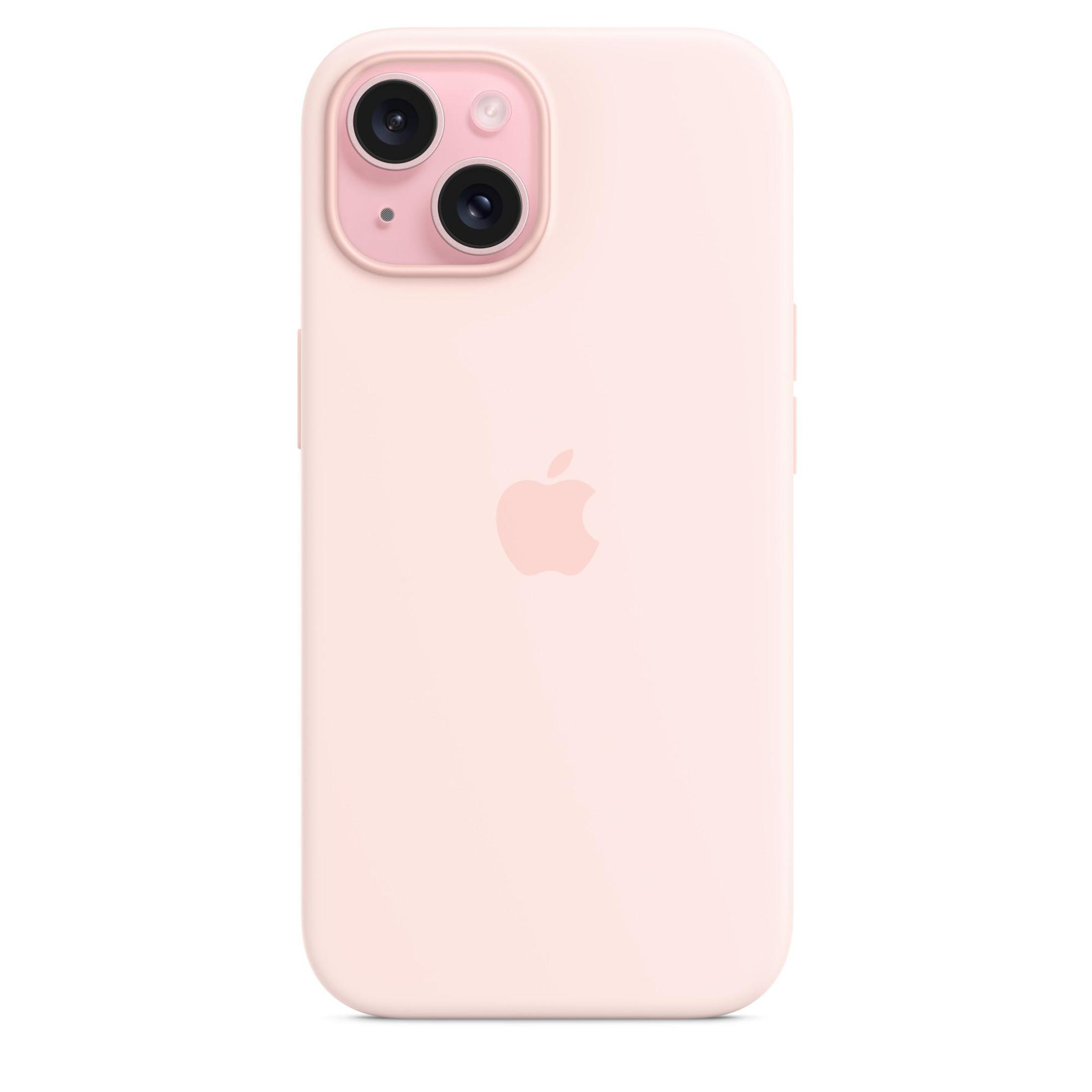 Custodia rosa per telefono con logo Apple, due fotocamere.