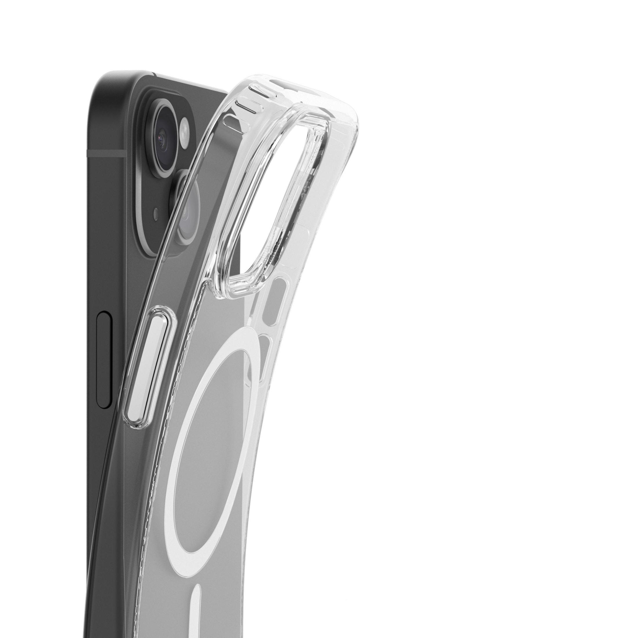 Transparente Handyhülle, teilweise auf einem Telefon. Der Hintergrund ist weiß.