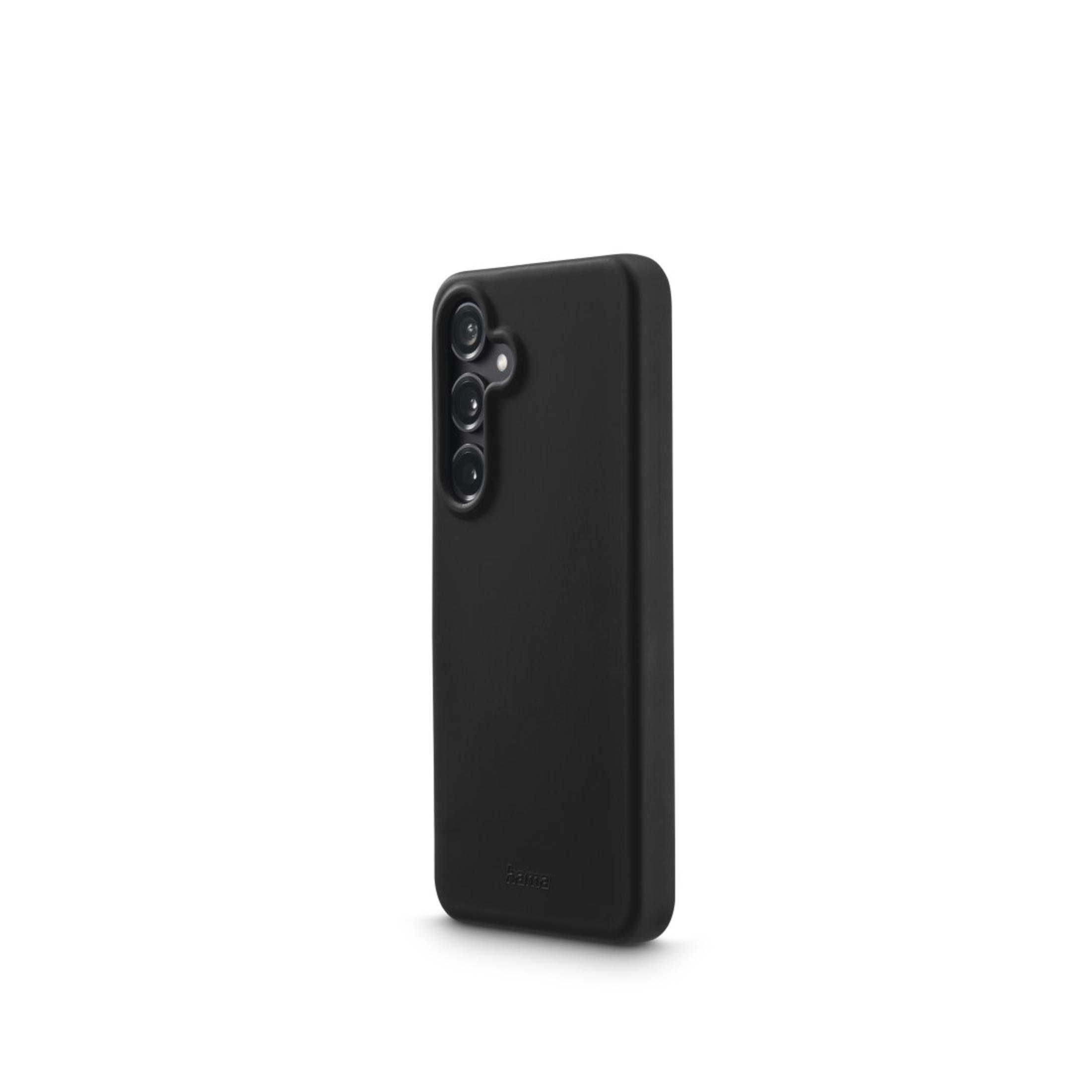 Coque noire pour téléphone avec trois caméras arrière sur fond blanc.