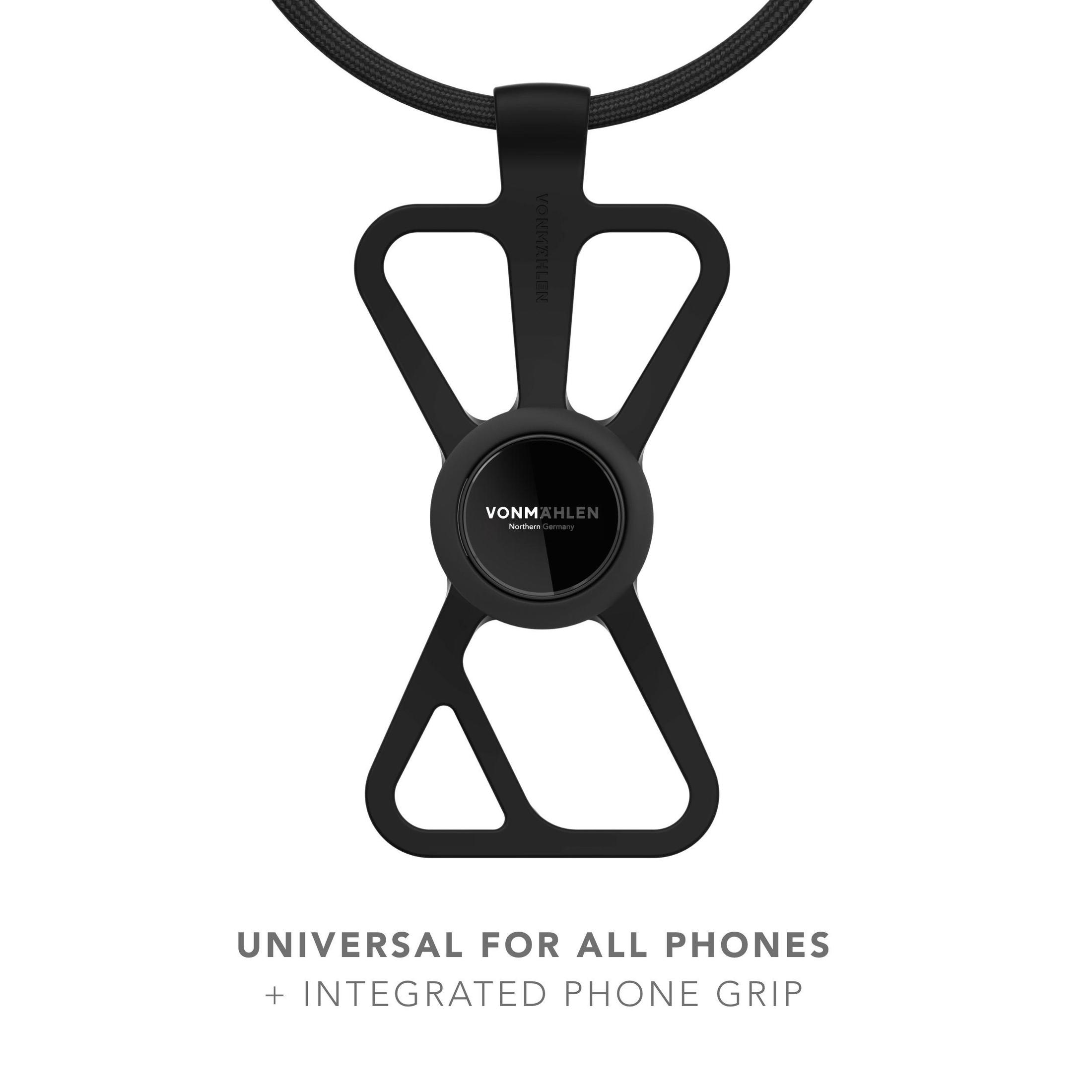 Schwarzer Telefonhalter mit einem Kreis und einer X-Form. Er hat eine Nackenschnur und den Markennamen.