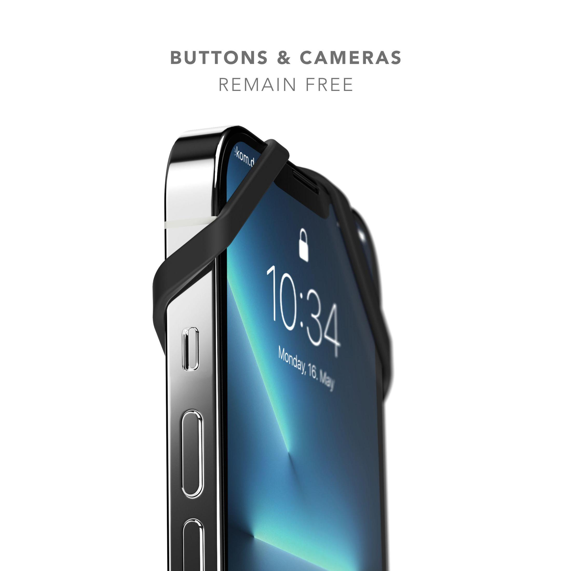 Telefon mit schwarzem Riemen. Schwarzer Rahmen. Weißer Hintergrund.