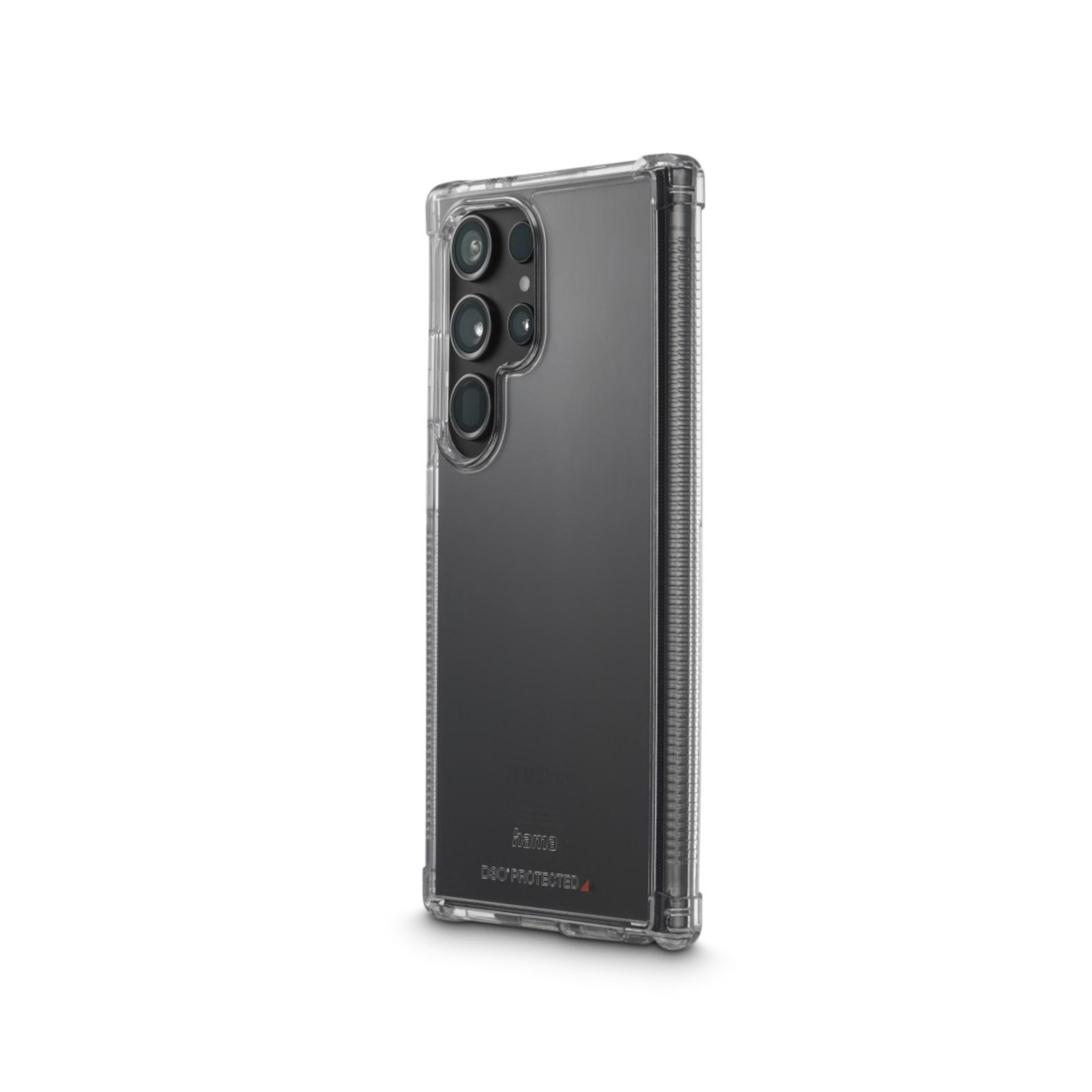 Custodia trasparente per telefono con tre lenti della fotocamera, su sfondo bianco. Logo Hama visibile.