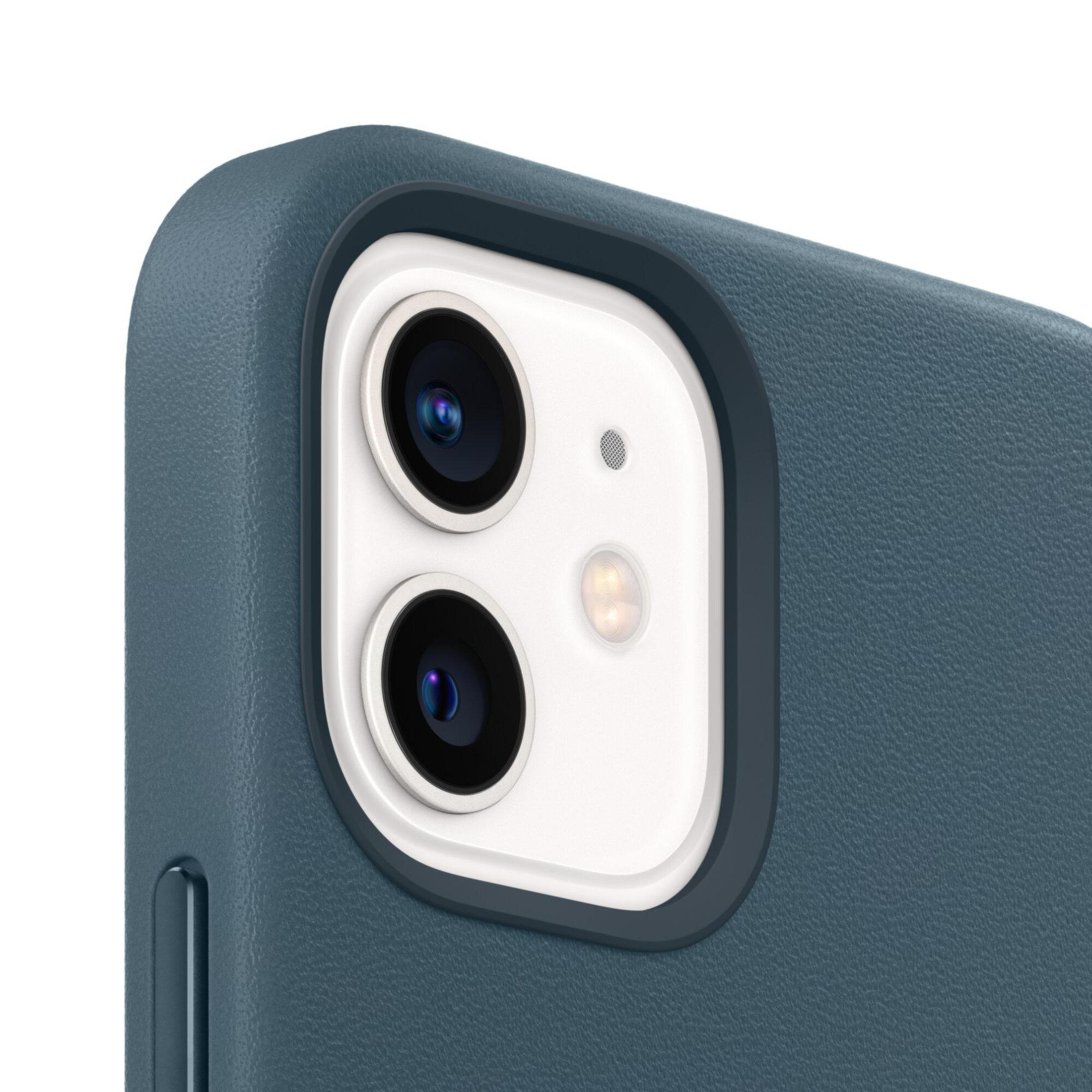 Close-up of a phone's camera area, encased in blue case. The camera lenses are prominent and white.