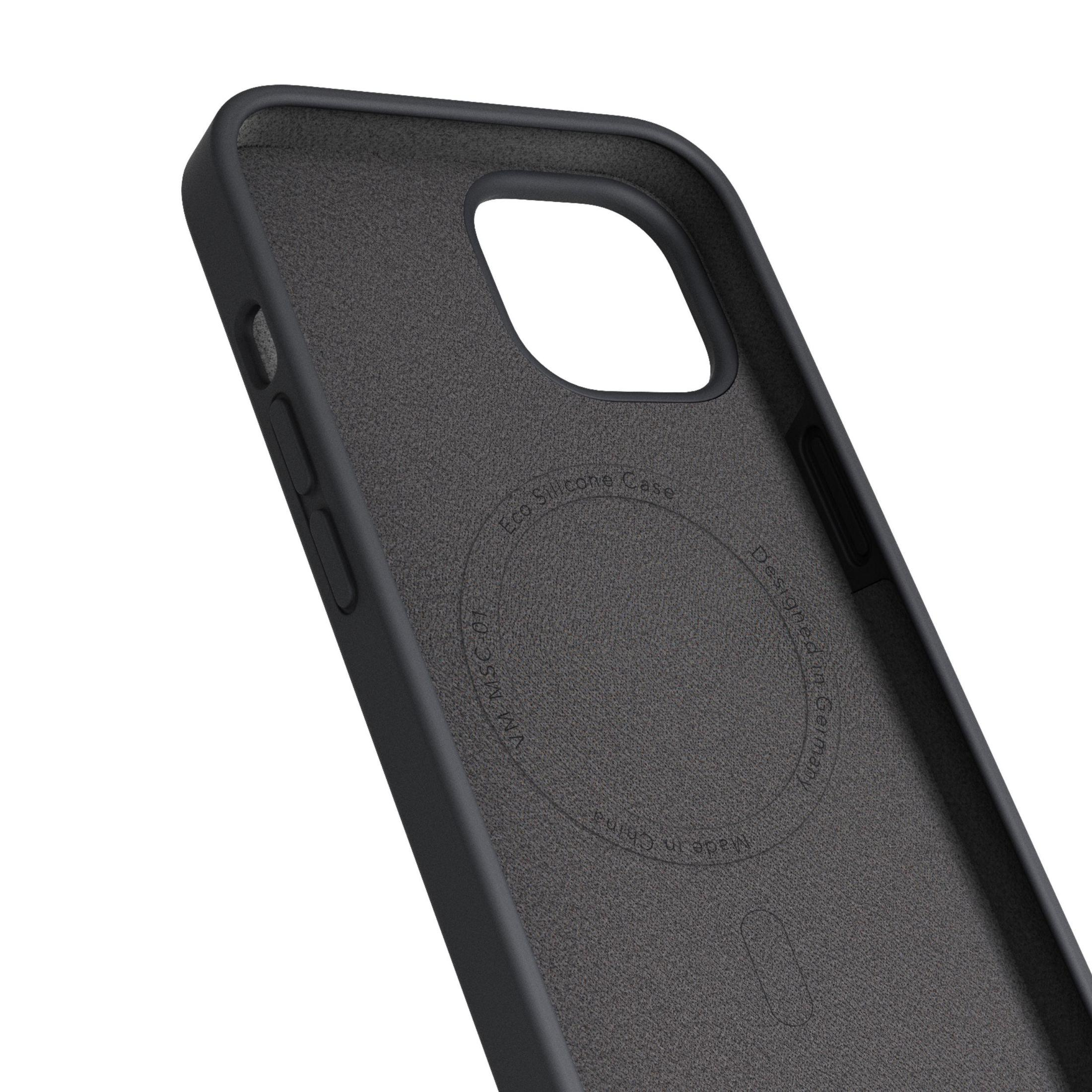 Schwarze Telefonhülle innen. Kreisförmige Vertiefung für die Kamera, Text 'Eco Silicone Case' und 'Made in China'.