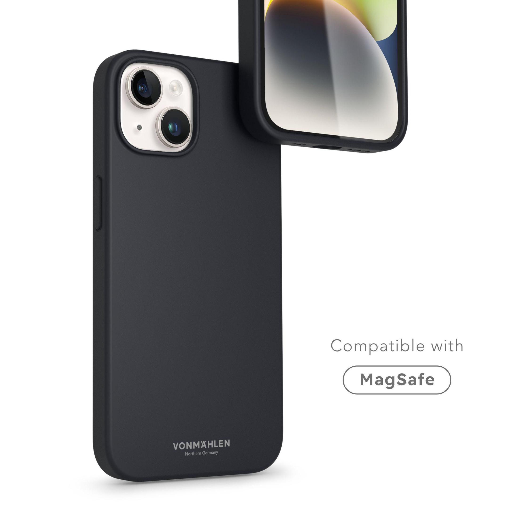 Schwarze Handyhülle auf weißem Hintergrund, MagSafe-kompatibel.