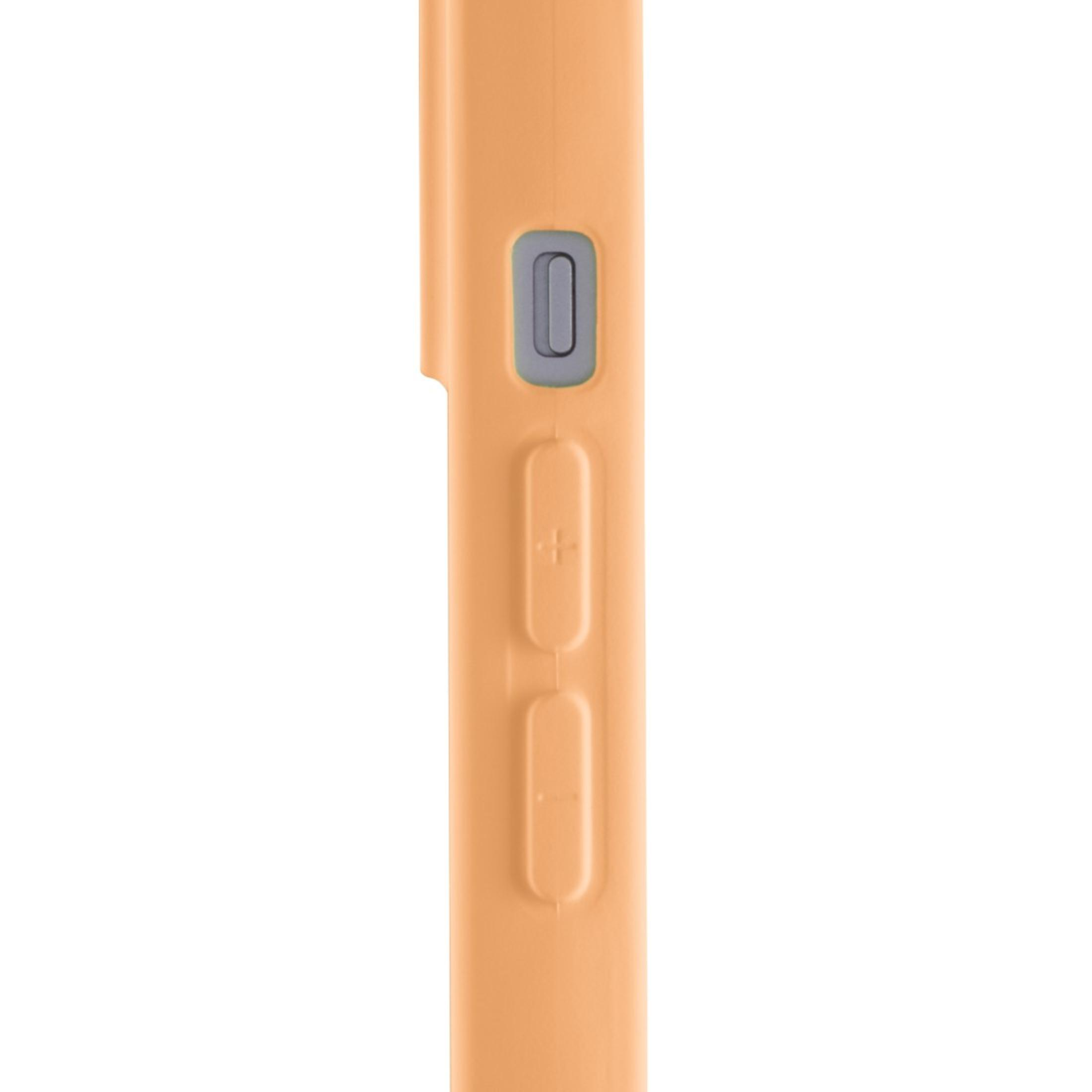 Vue latérale du téléphone orange. Boutons de volume, bouton d'alimentation. Design simple.