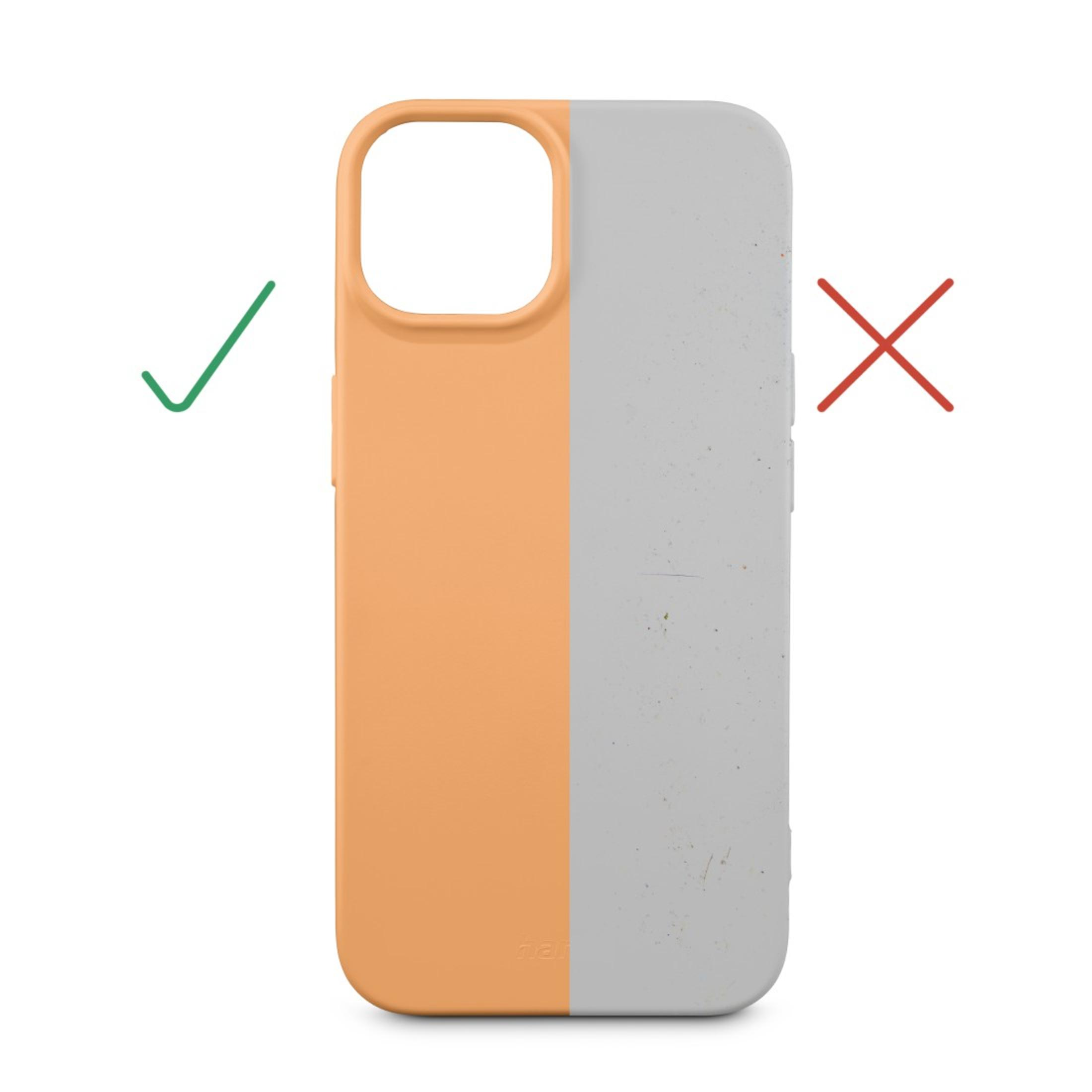 Coque de téléphone, moitié orange, moitié grise avec un X et une coche. Côté orange avec une coche.