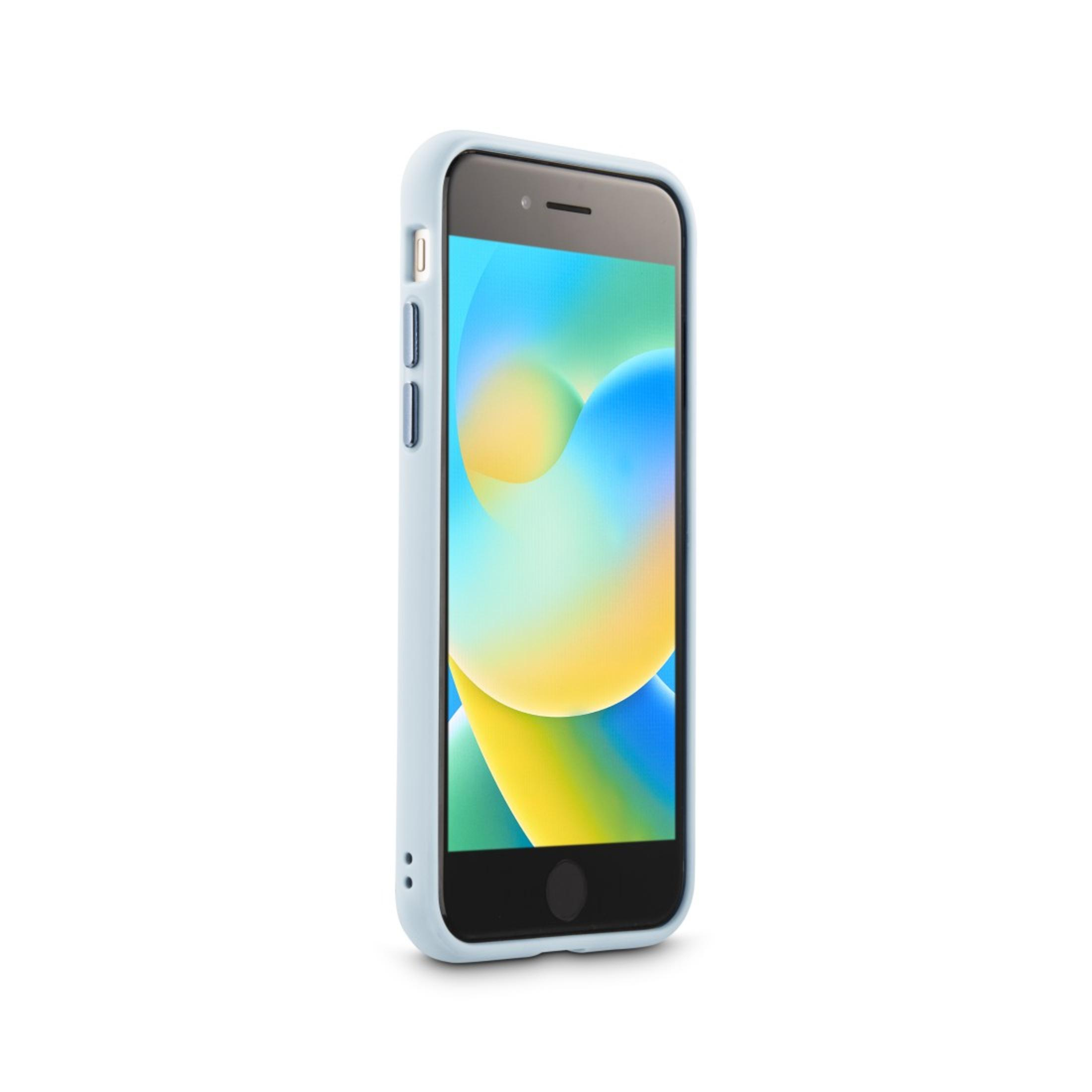 Una custodia per telefono azzurra su un telefono, con uno sfondo colorato sullo schermo.