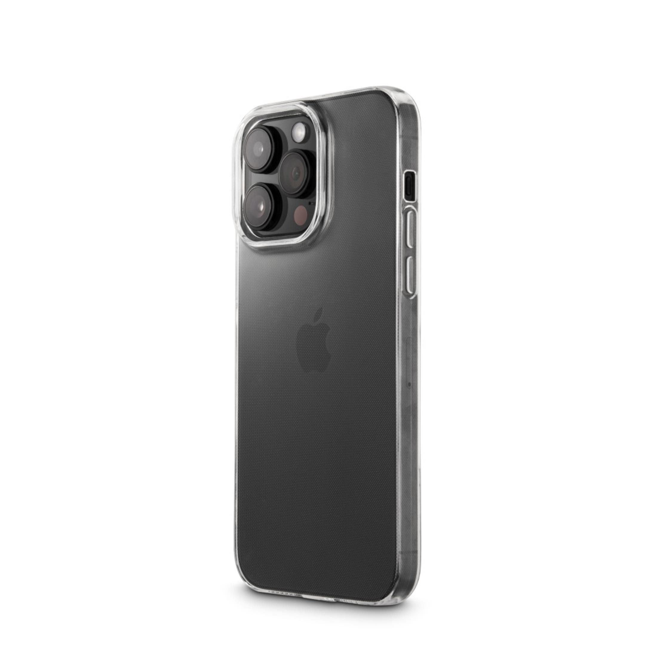 Transparente iPhone-Hülle. Das Telefon ist in einer transparenten Hülle, Apple-Logo sichtbar.