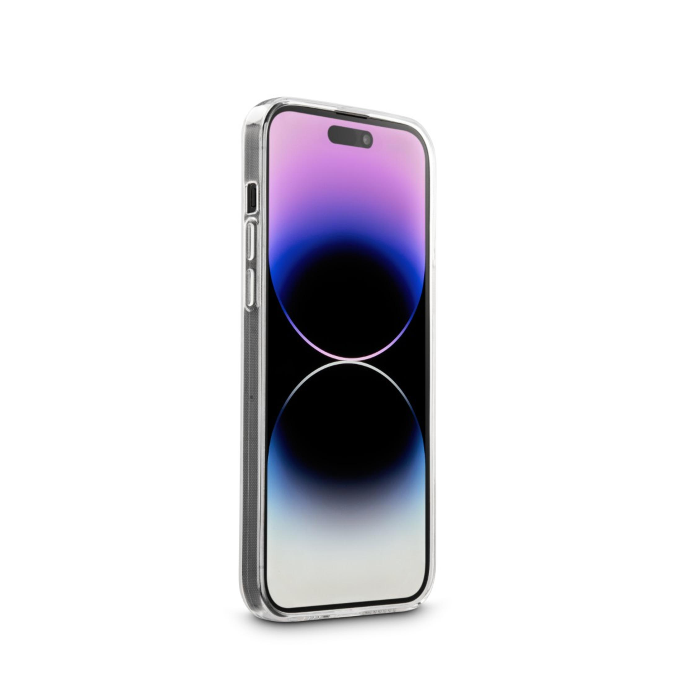 Transparente Hülle auf einem Telefon mit lila und blauem Farbverlauf-Bildschirm.
