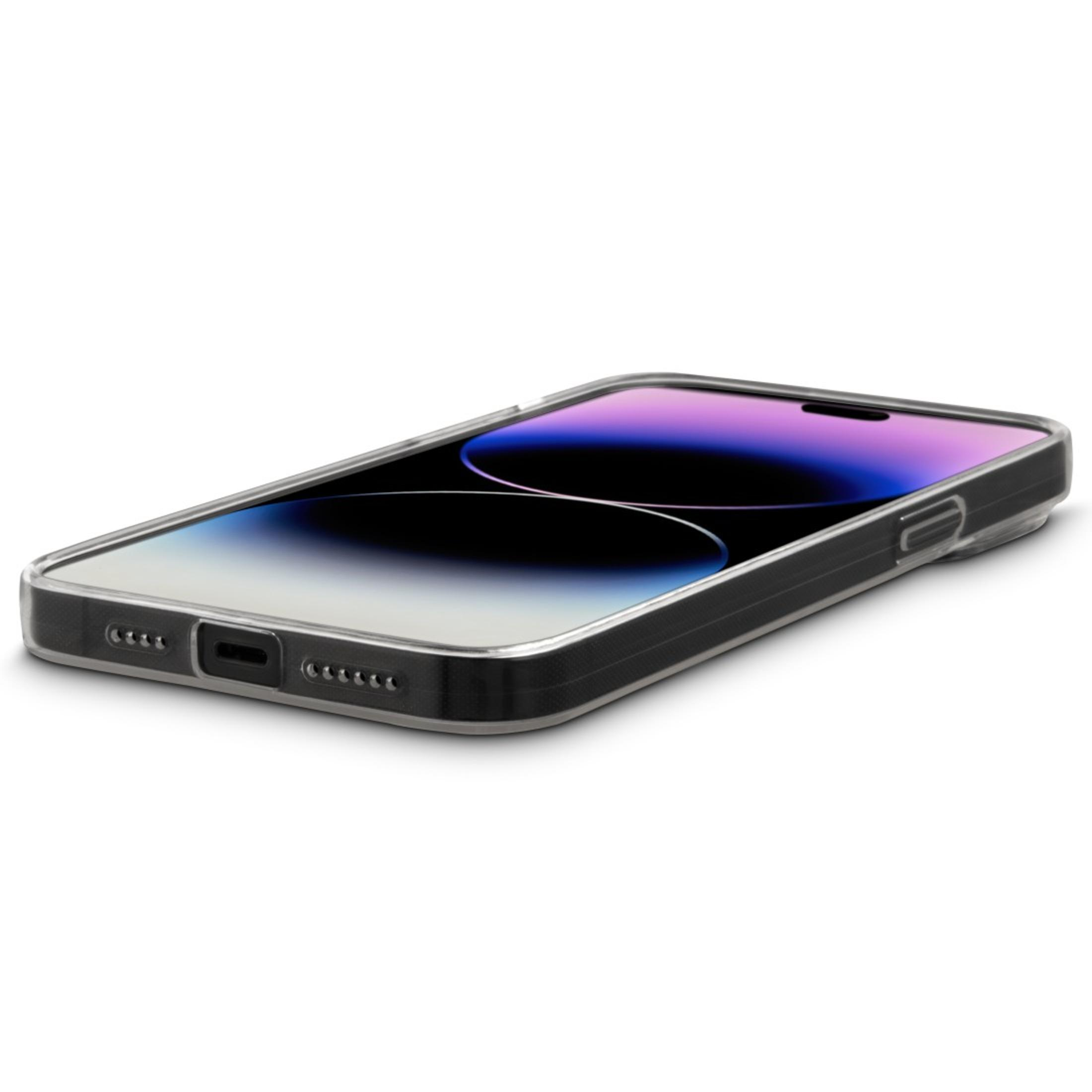 Smartphone in klarer Hülle, abgewinkelt, mit farbenfrohem Bildschirm.