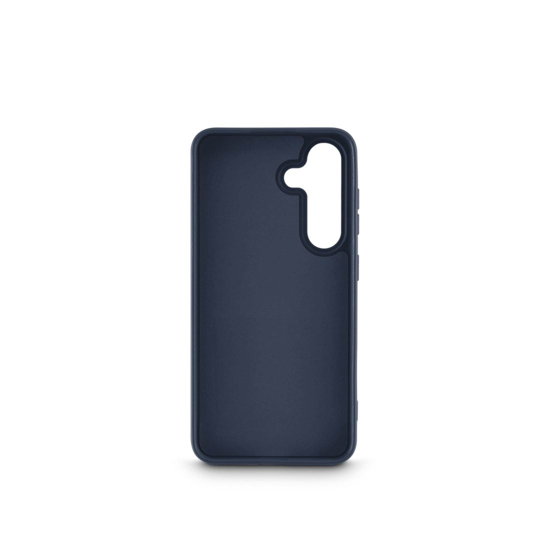 Coque de téléphone bleue, vide, avec découpe caméra, sur fond blanc.