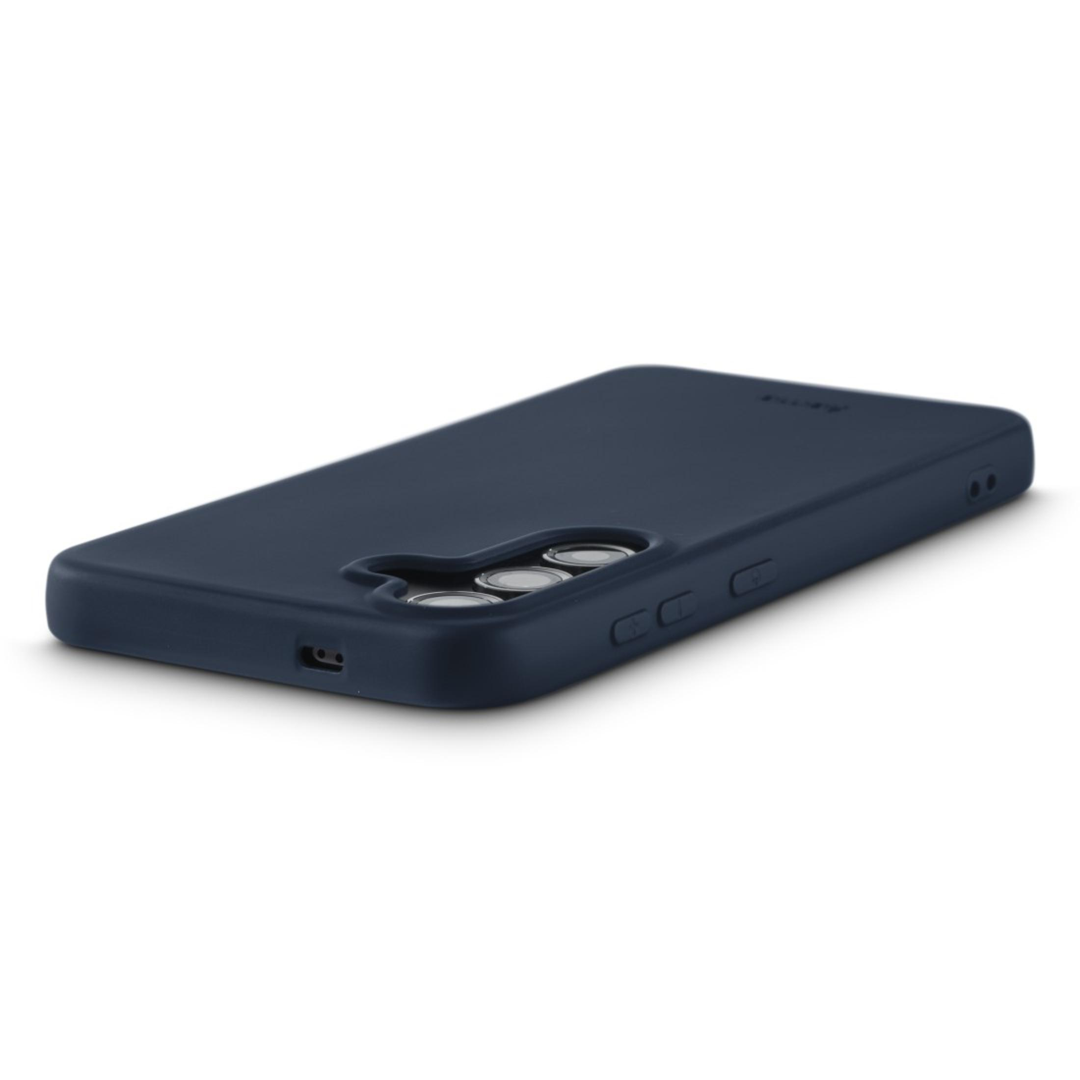 Coque de téléphone bleu foncé. L'étui est incliné, montrant le module caméra et les boutons latéraux.