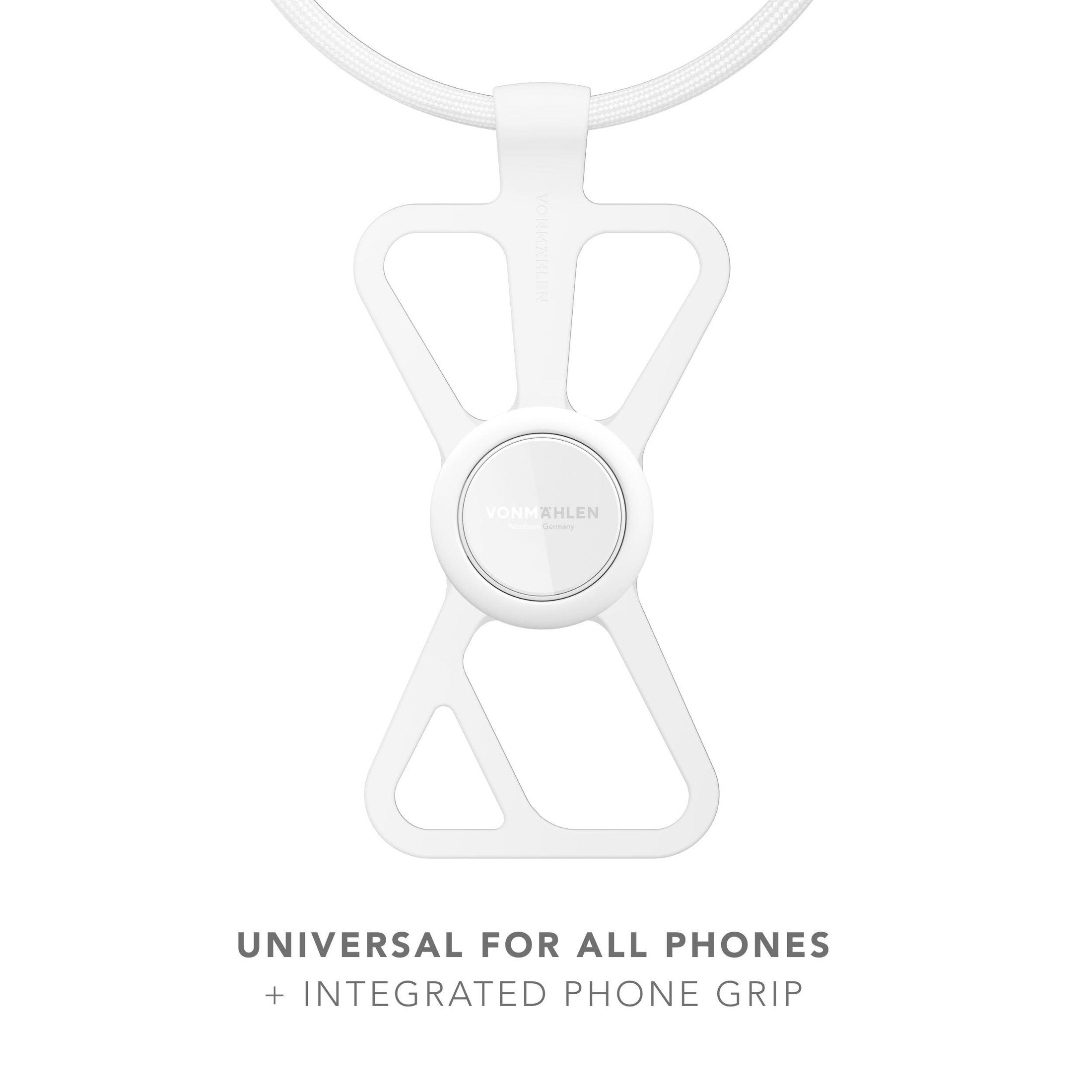Ein weißer Telefonhalter mit weißem Kabel, der Text 'UNIVERSAL FOR ALL PHONES' ist sichtbar.