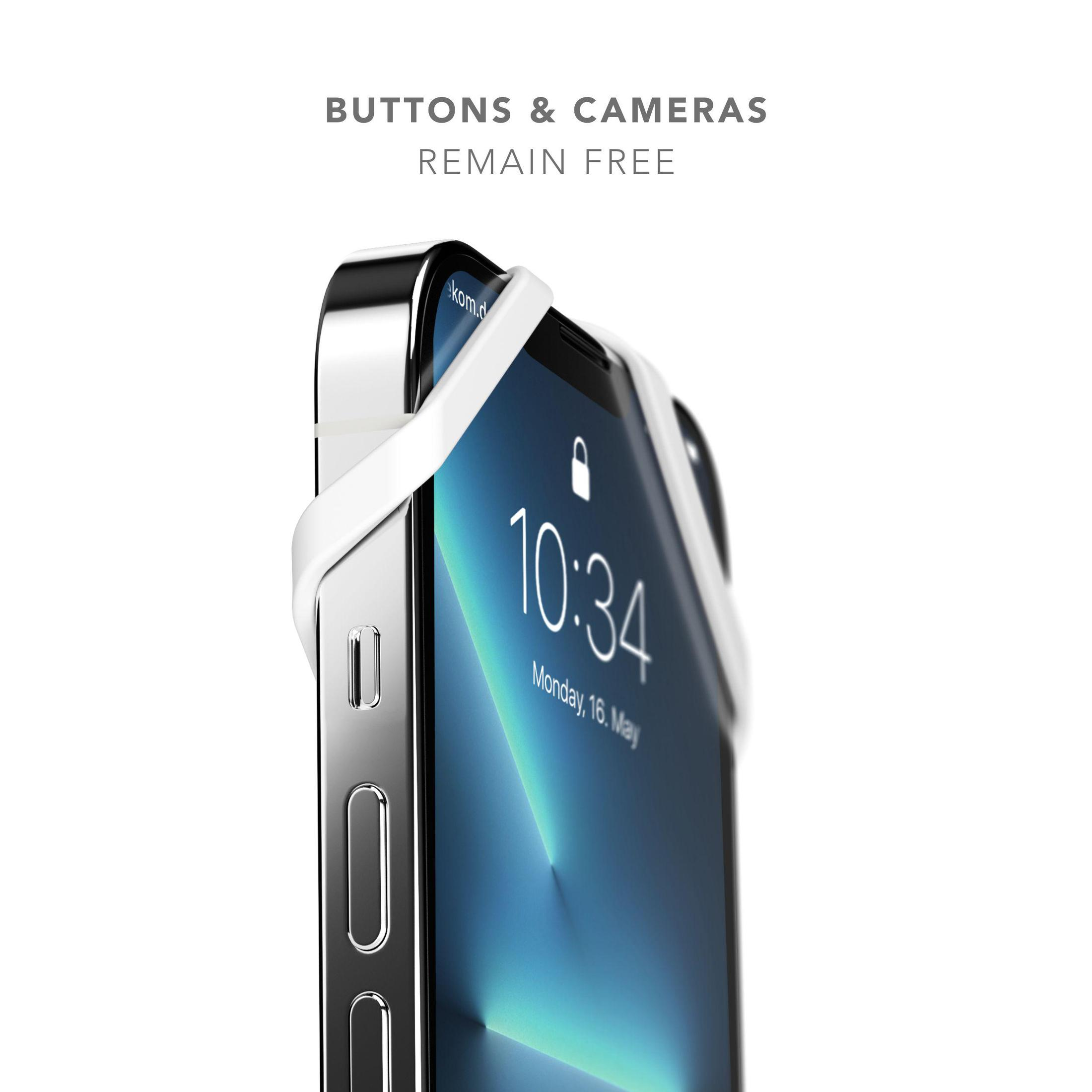 Ein Telefon mit weißer Hülle. Der Bildschirm zeigt die Uhrzeit an. Der Text "Buttons & Cameras Remain Free" steht oben.