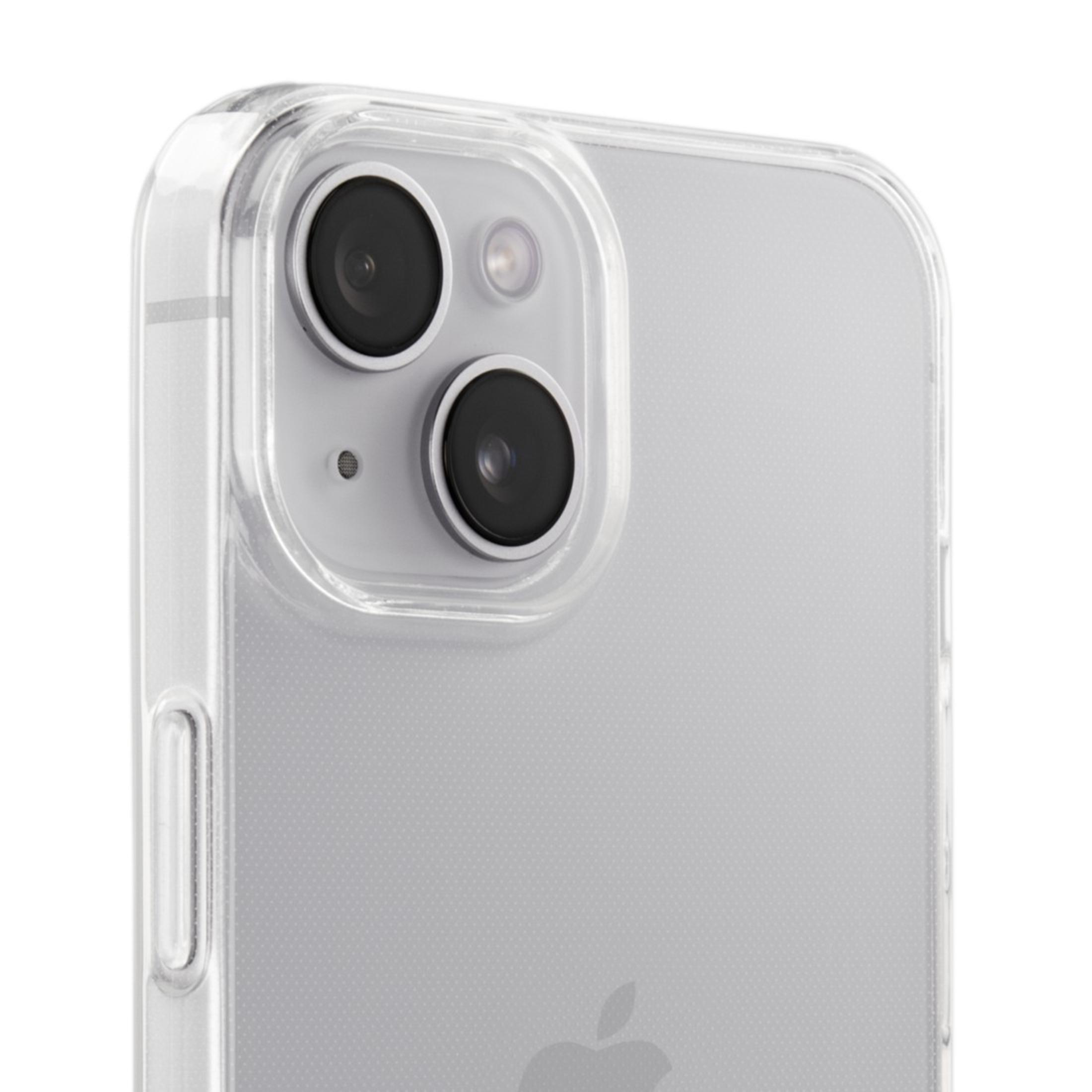 Un telefono con una custodia trasparente. La custodia ha un ritaglio per la fotocamera per due lenti e flash.