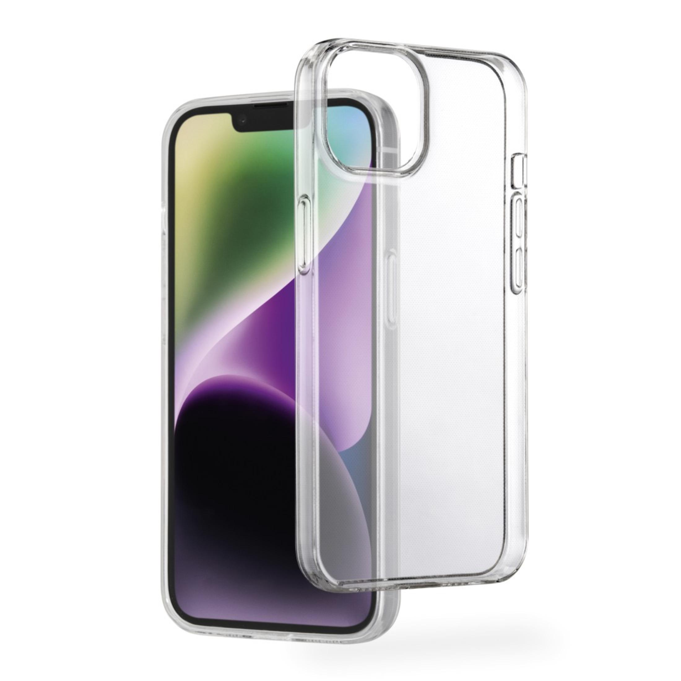 Custodia trasparente accanto a un iPhone con schermo sfumato viola-giallo.