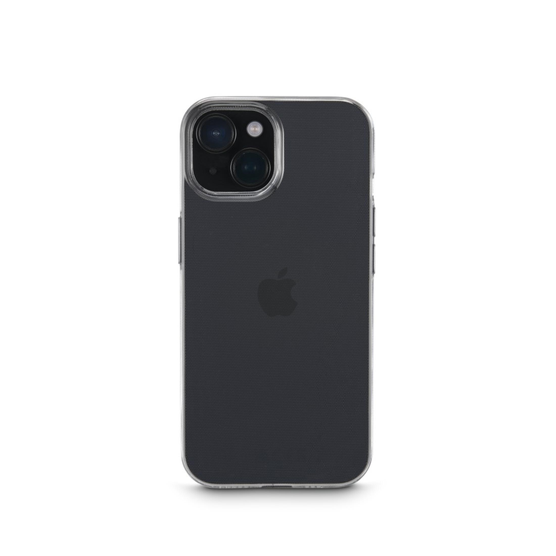 Custodia nera con retro trasparente. Logo Apple. Sfondo bianco.