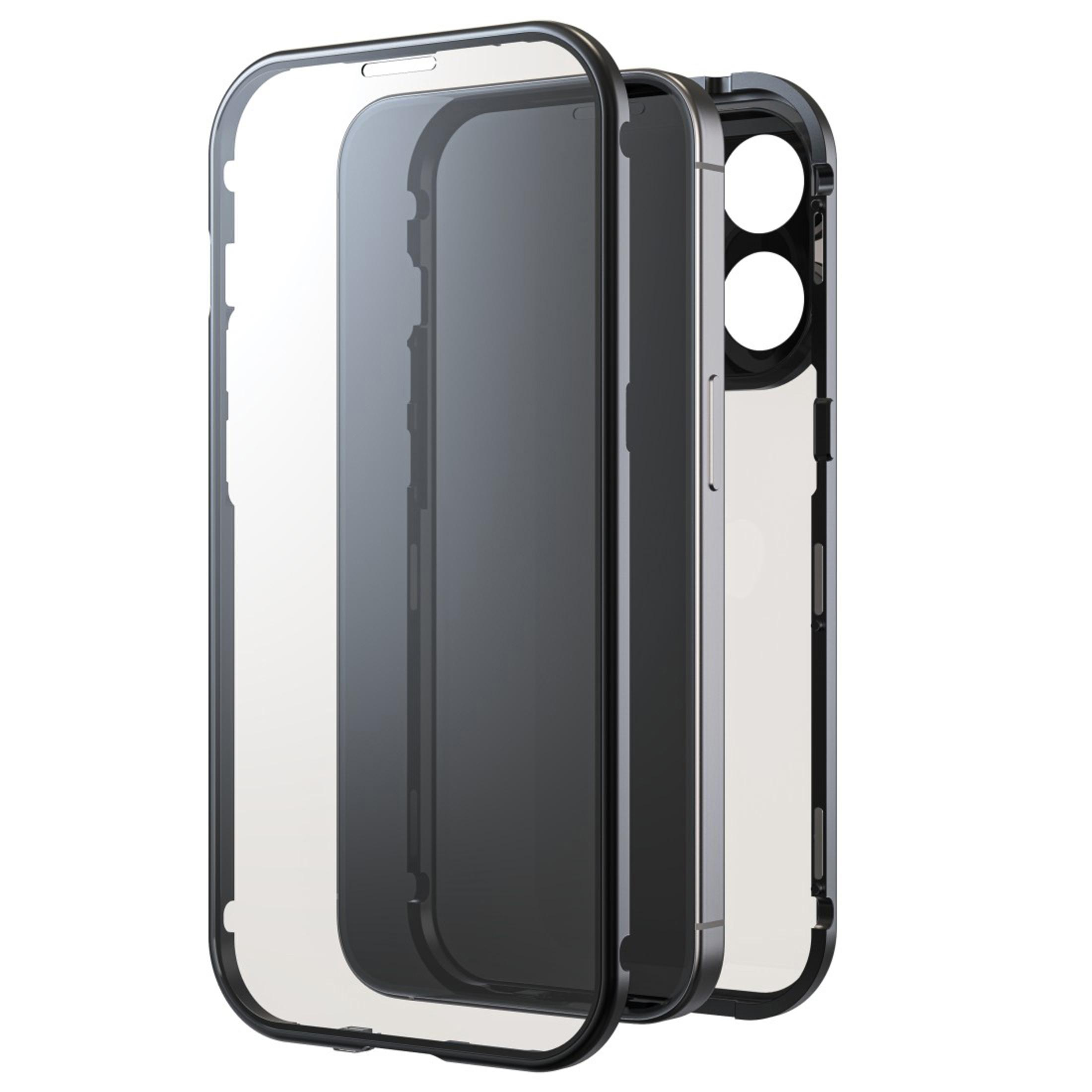 Transparente Handyhülle, zeigt ein Telefon im Inneren, mit schwarzem Rahmen, auf weißem Hintergrund.