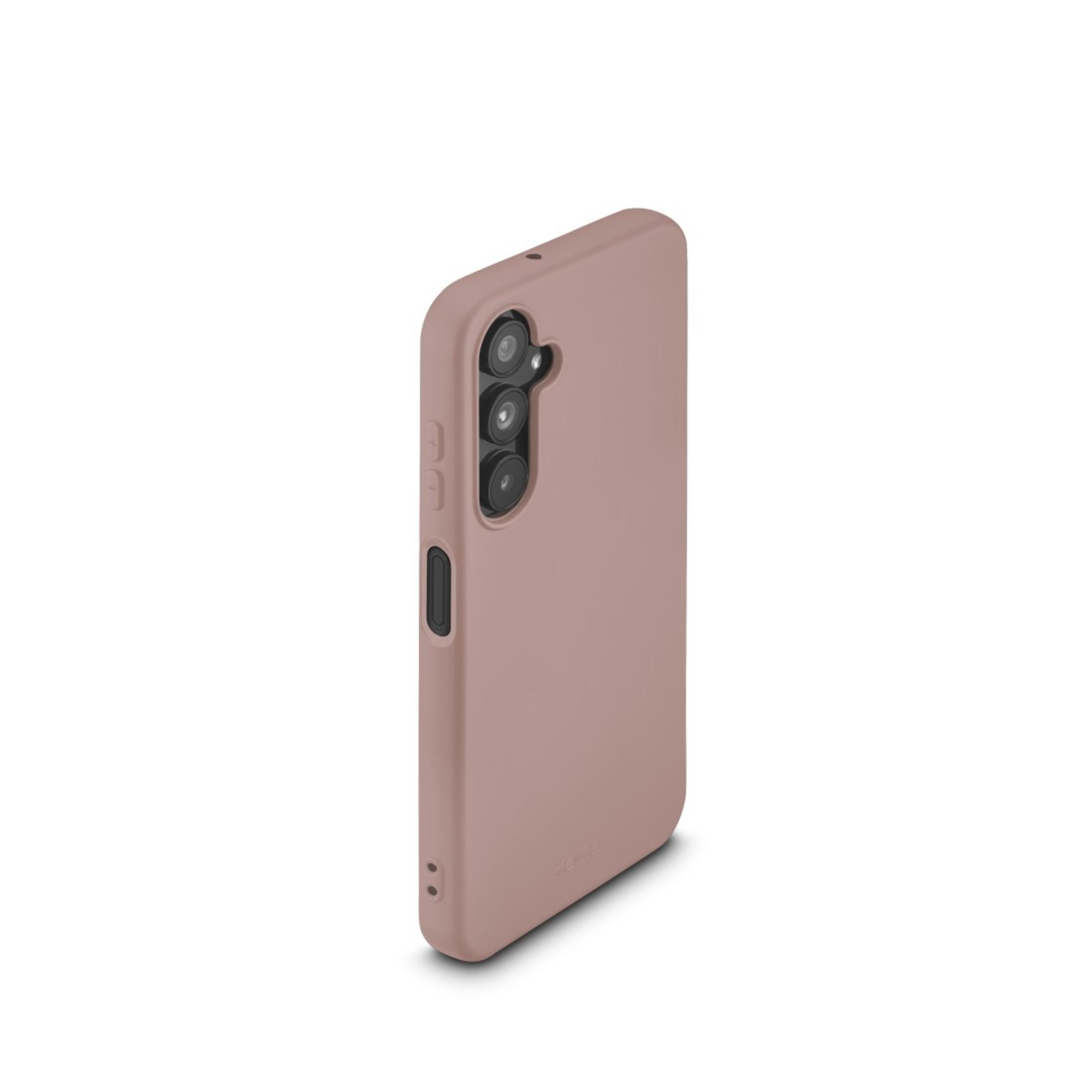 Un étui de téléphone rose clair avec trous pour caméra et boutons sur fond blanc.