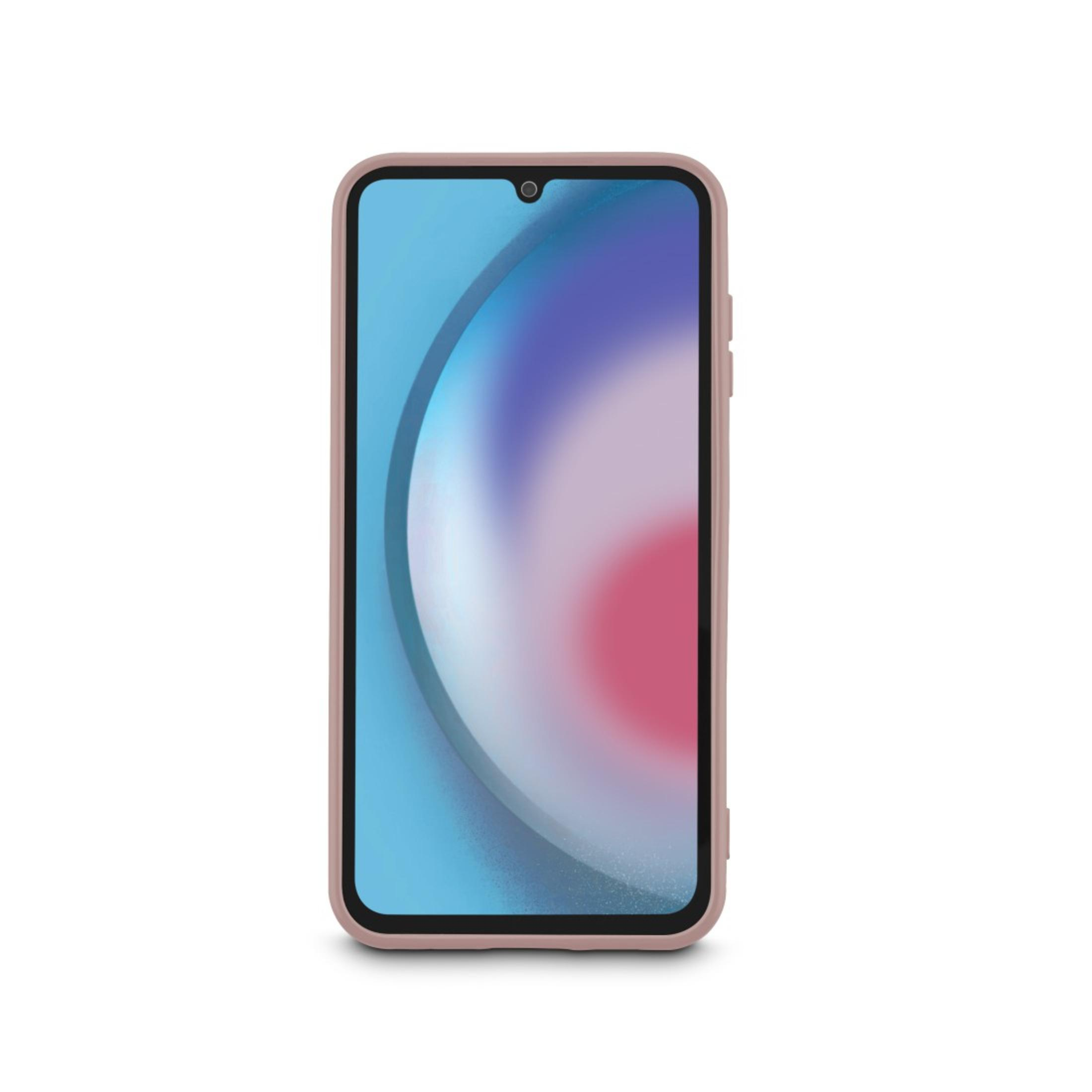Un téléphone dans un étui marron clair, écran affichant un design abstrait bleu et rose. Le téléphone est centré.