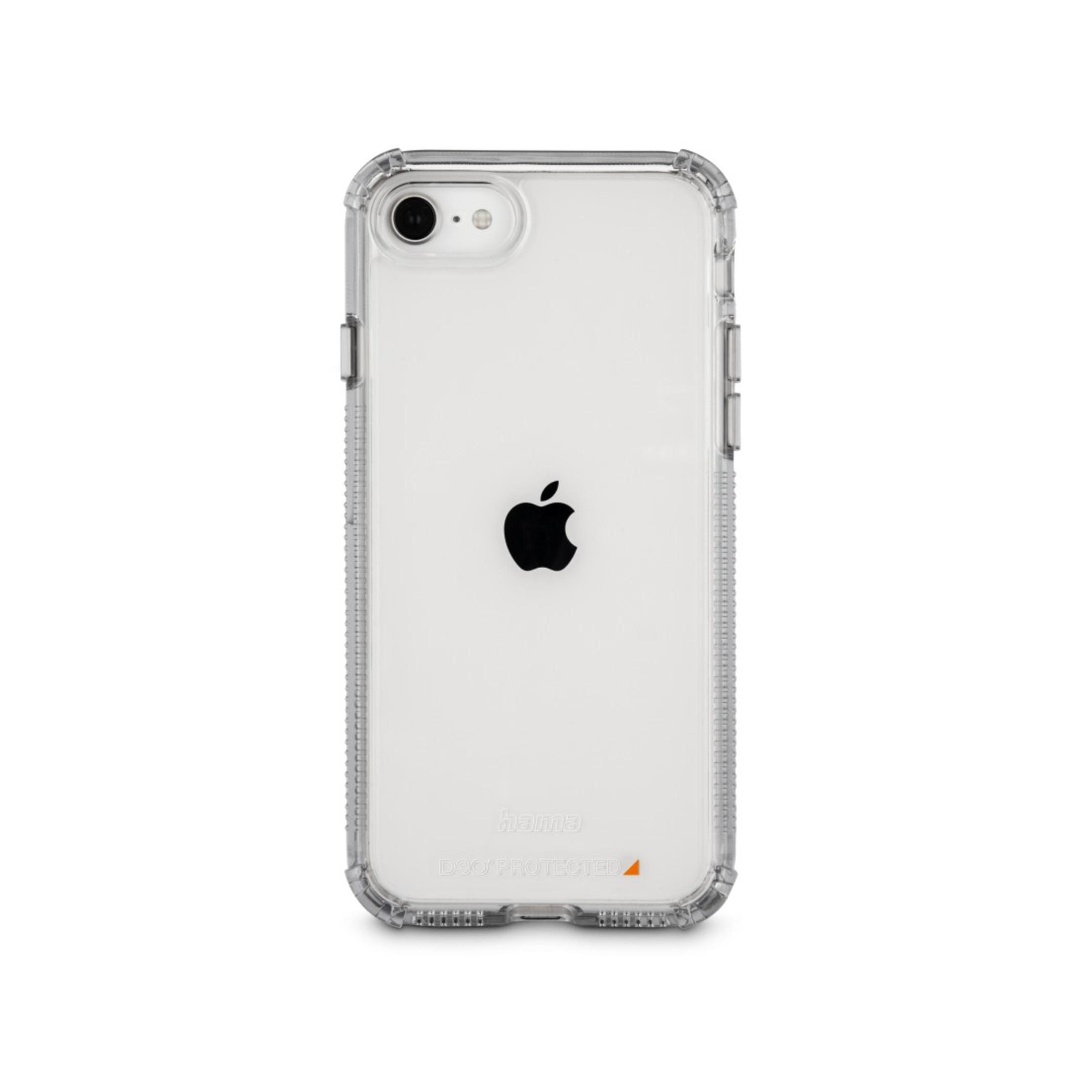 Custodia trasparente su sfondo bianco. Logo Apple nero al centro. Cornice grigia.