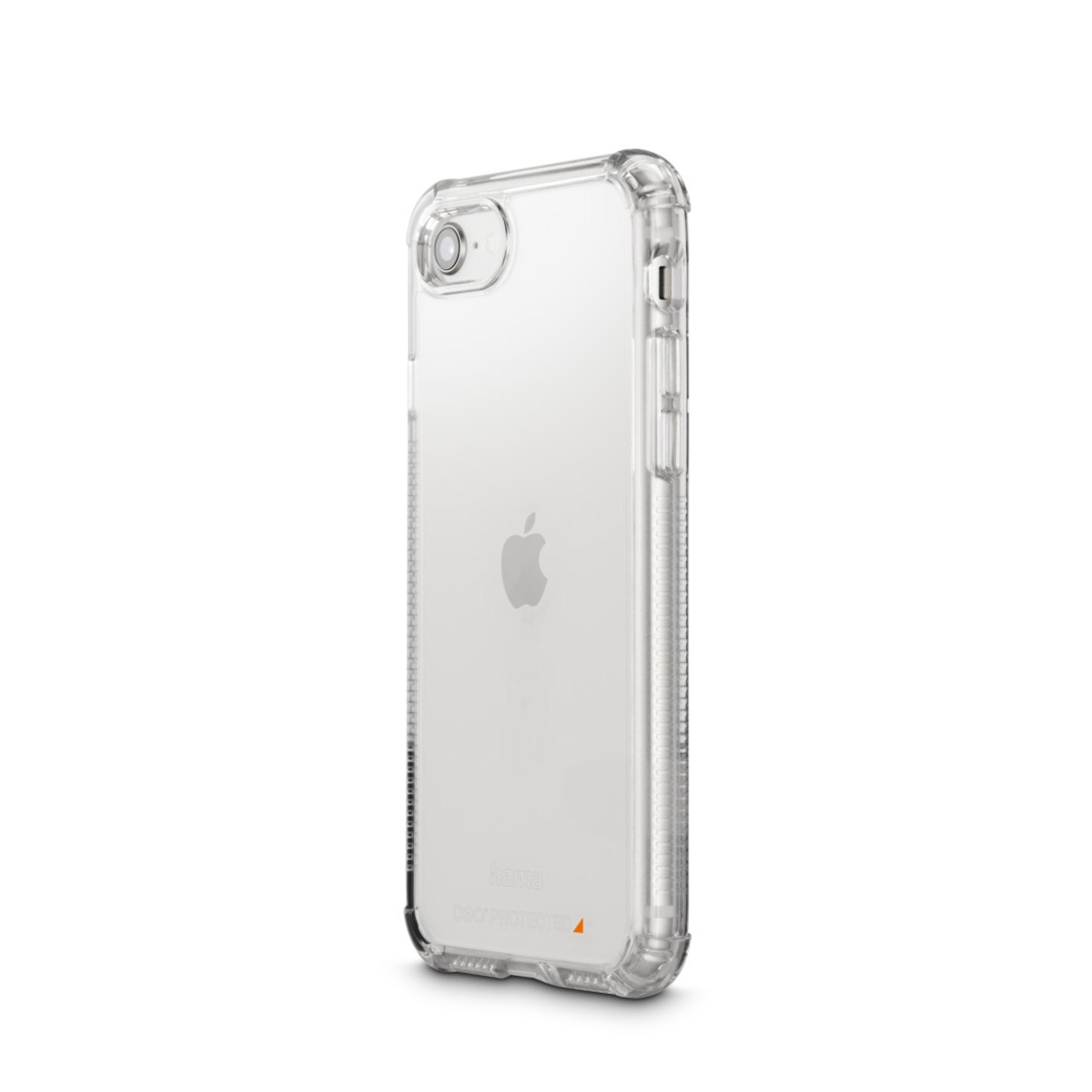 Custodia trasparente con logo Apple su superficie bianca.