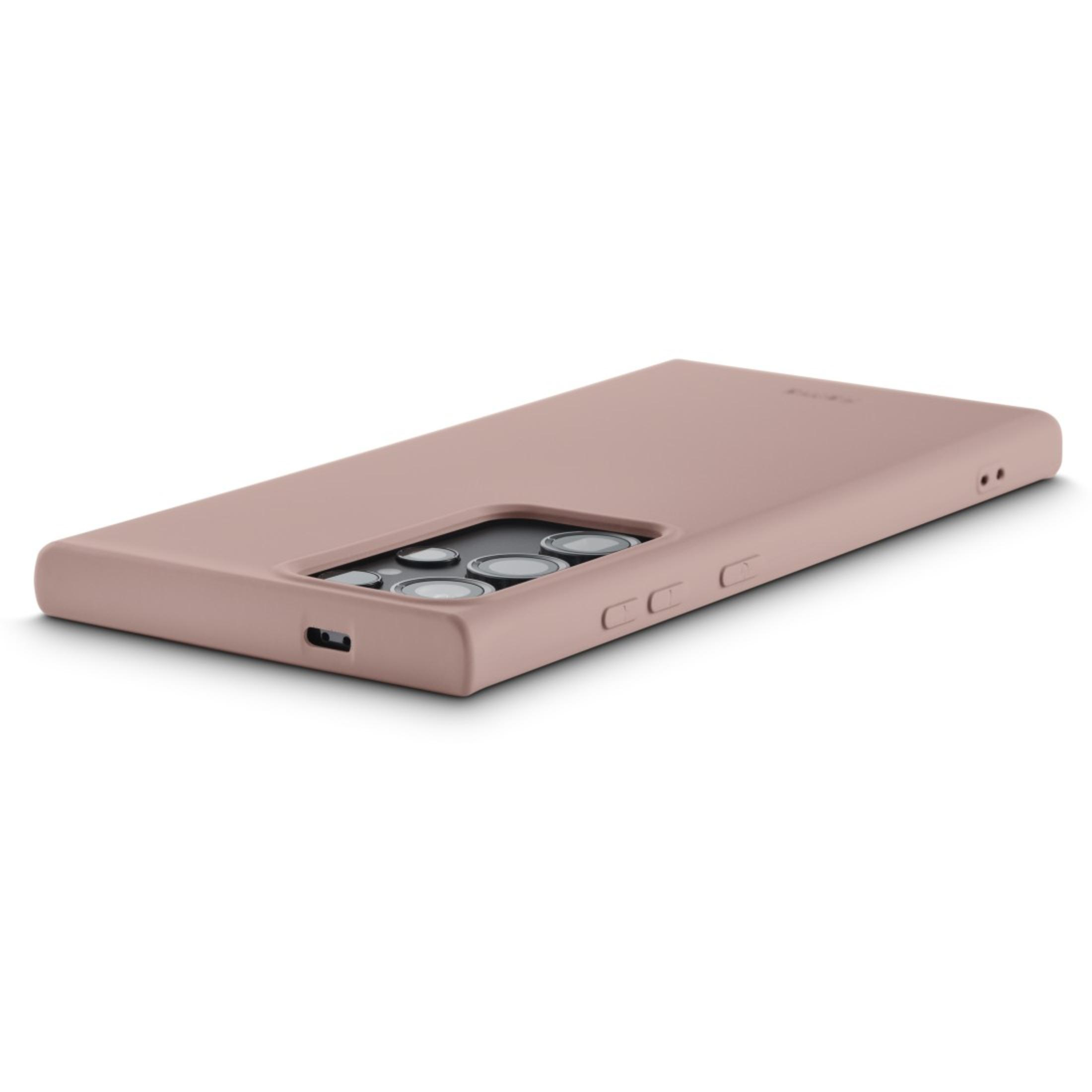 Coque de téléphone, couleur rose, avec découpes pour caméra et boutons latéraux visibles.