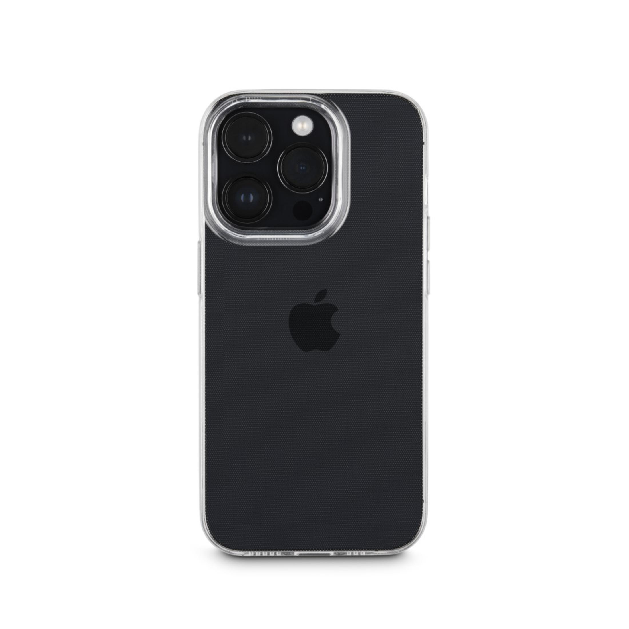 Un telefono nero con una custodia trasparente su sfondo bianco, con la fotocamera visibile.
