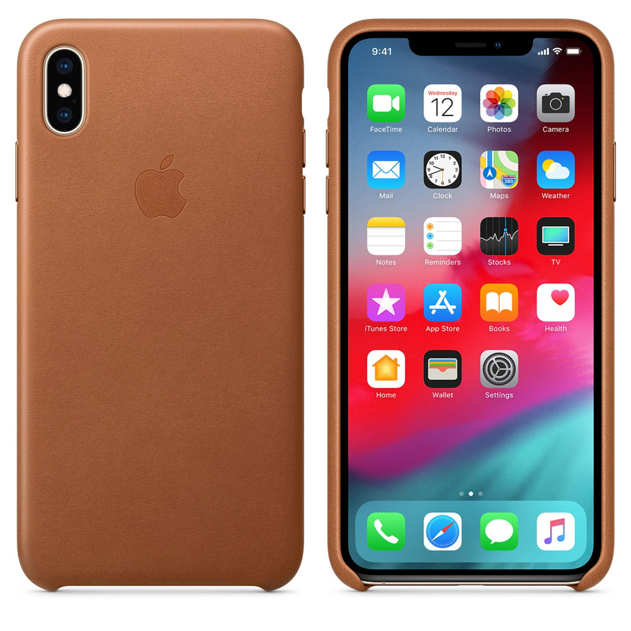 Brown leather phone case on the left, and the phone with the screen displaying apps on the right.