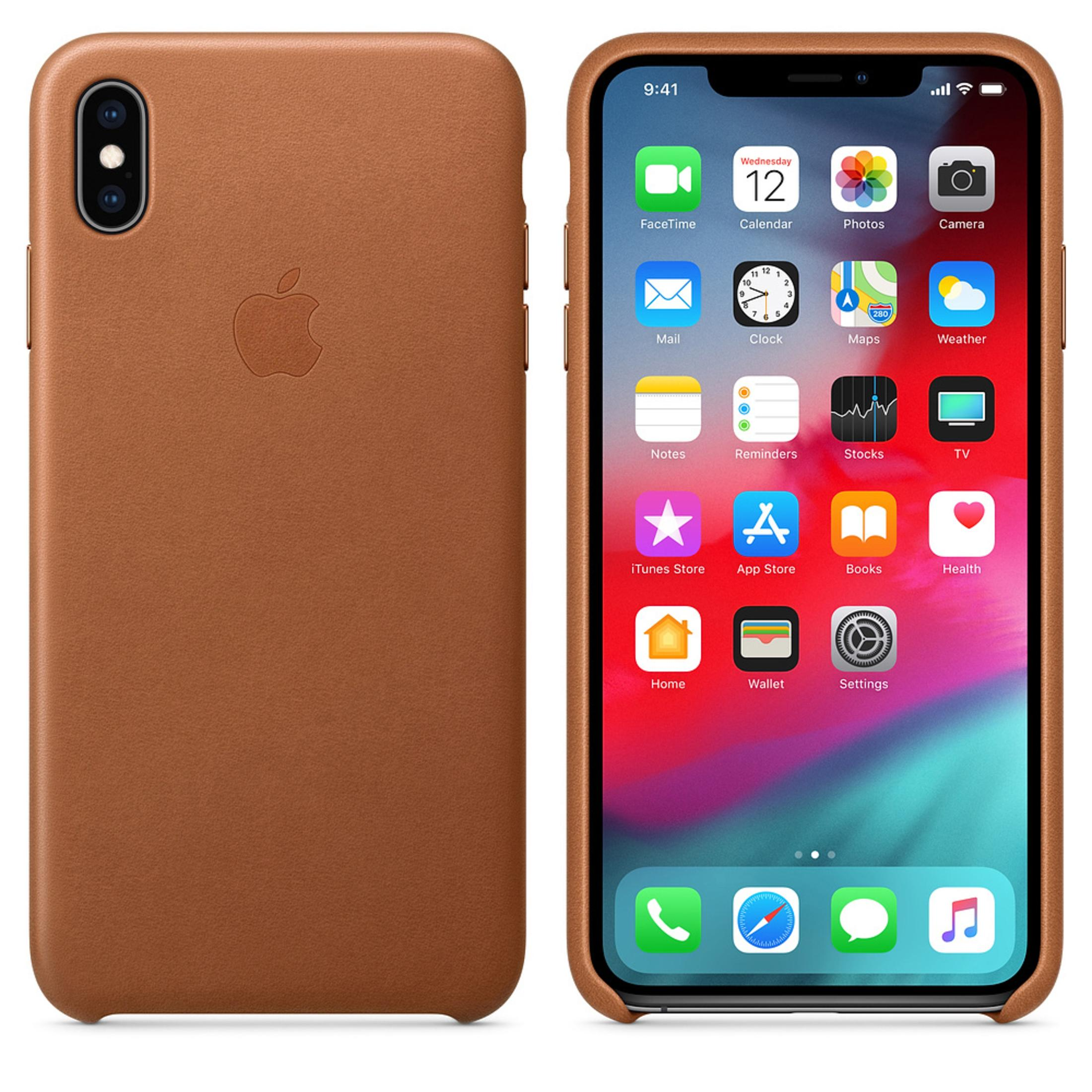 Phone and brown leather case. The phone displays apps.