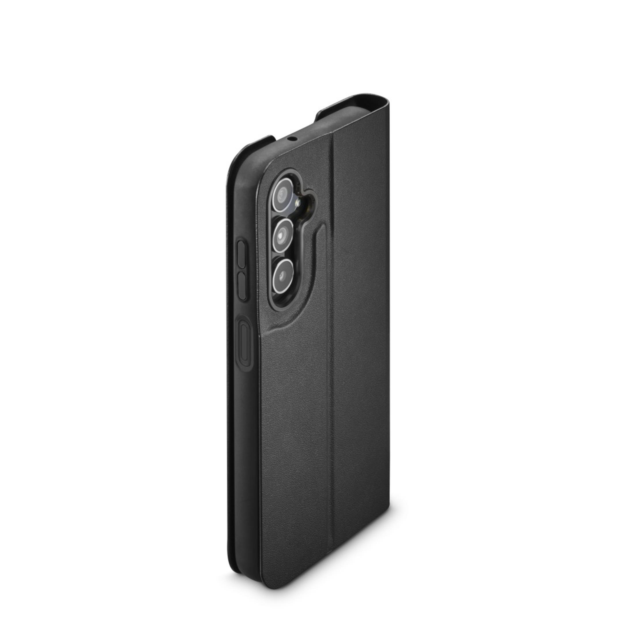 Custodia per telefono nera, piegata. Mostra la fotocamera del telefono e i pulsanti laterali.