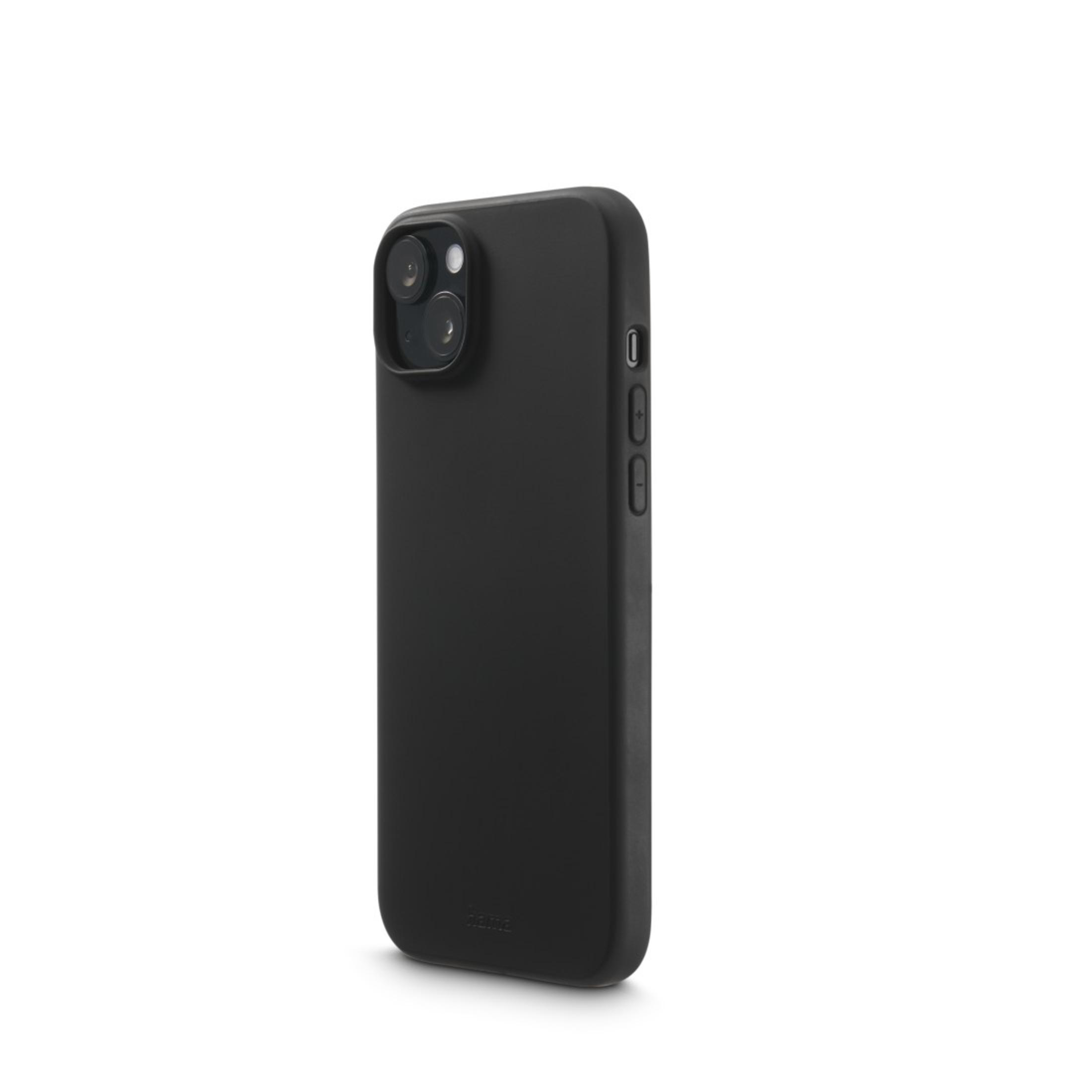 Custodia nera per telefono con tre fotocamere. La custodia è su una superficie bianca.