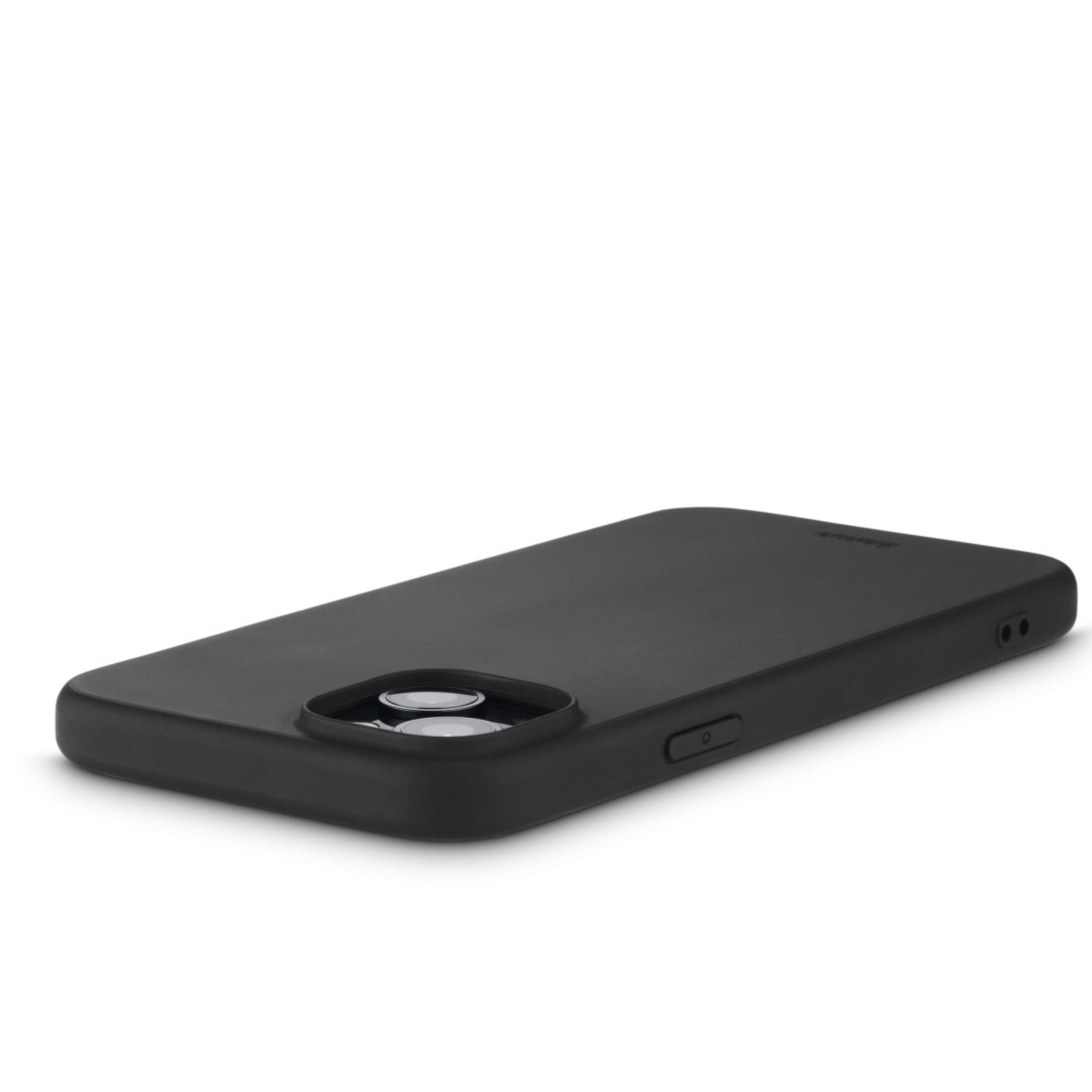 Custodia nera per telefono. Colore nero pieno, copre retro e lati del telefono.