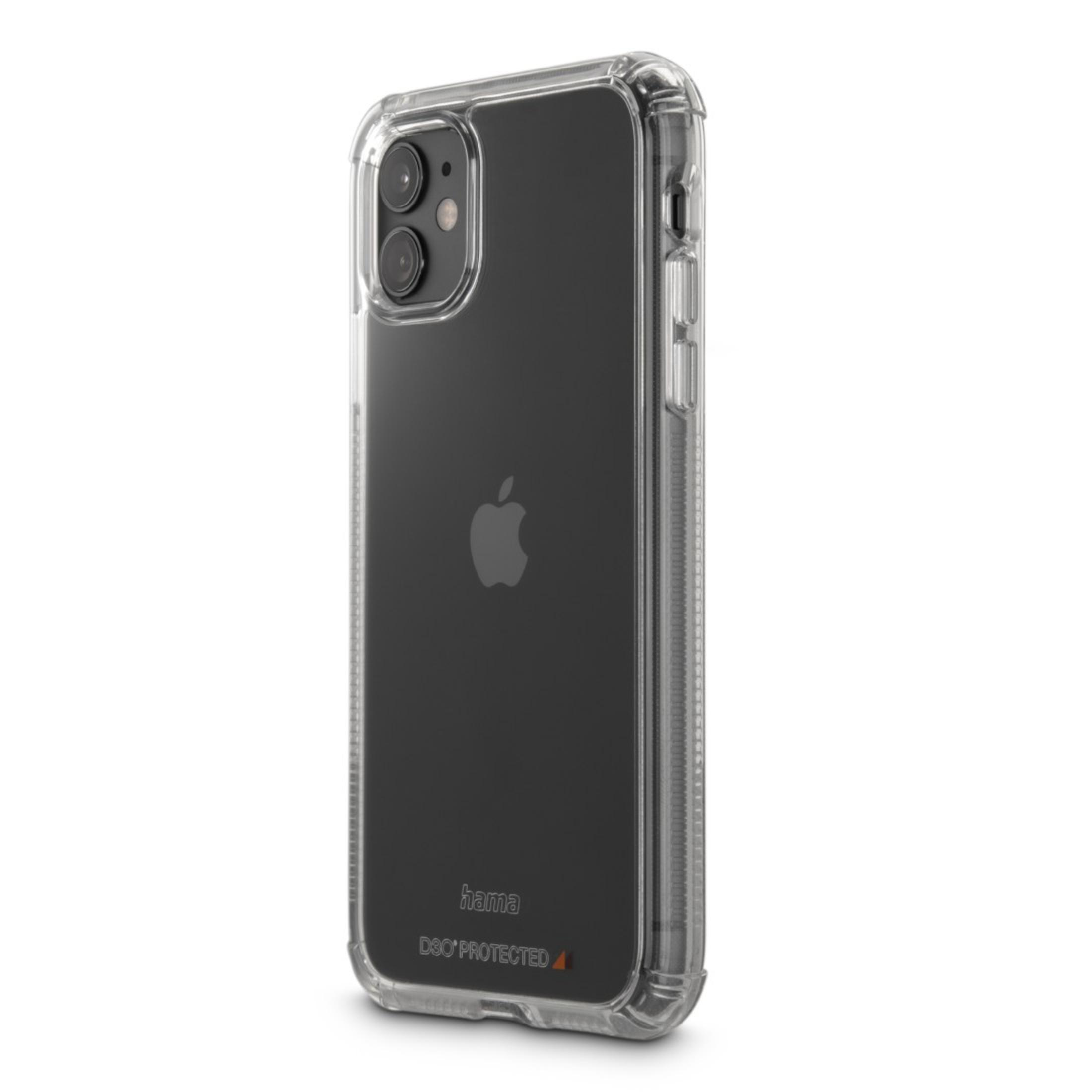 Custodia trasparente con telefono, logo Apple visibile.